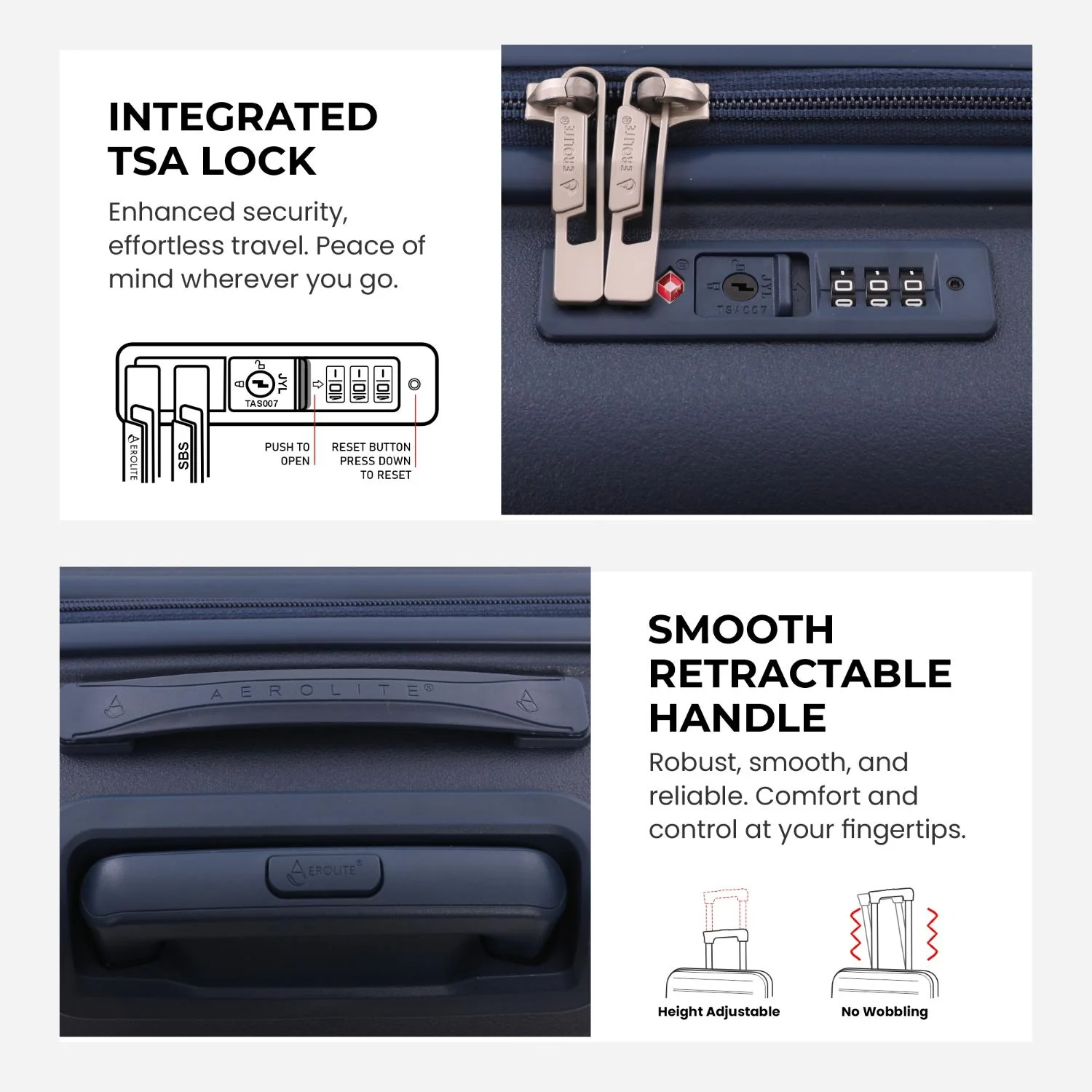Aerolite Premium PP 4 Piece Hard Shell 4 Dual Wheel Spinner Travel Luggage Suitcase Set , Expandable Cabin + Medium + Large + Extra Large - Navy - Image 6
