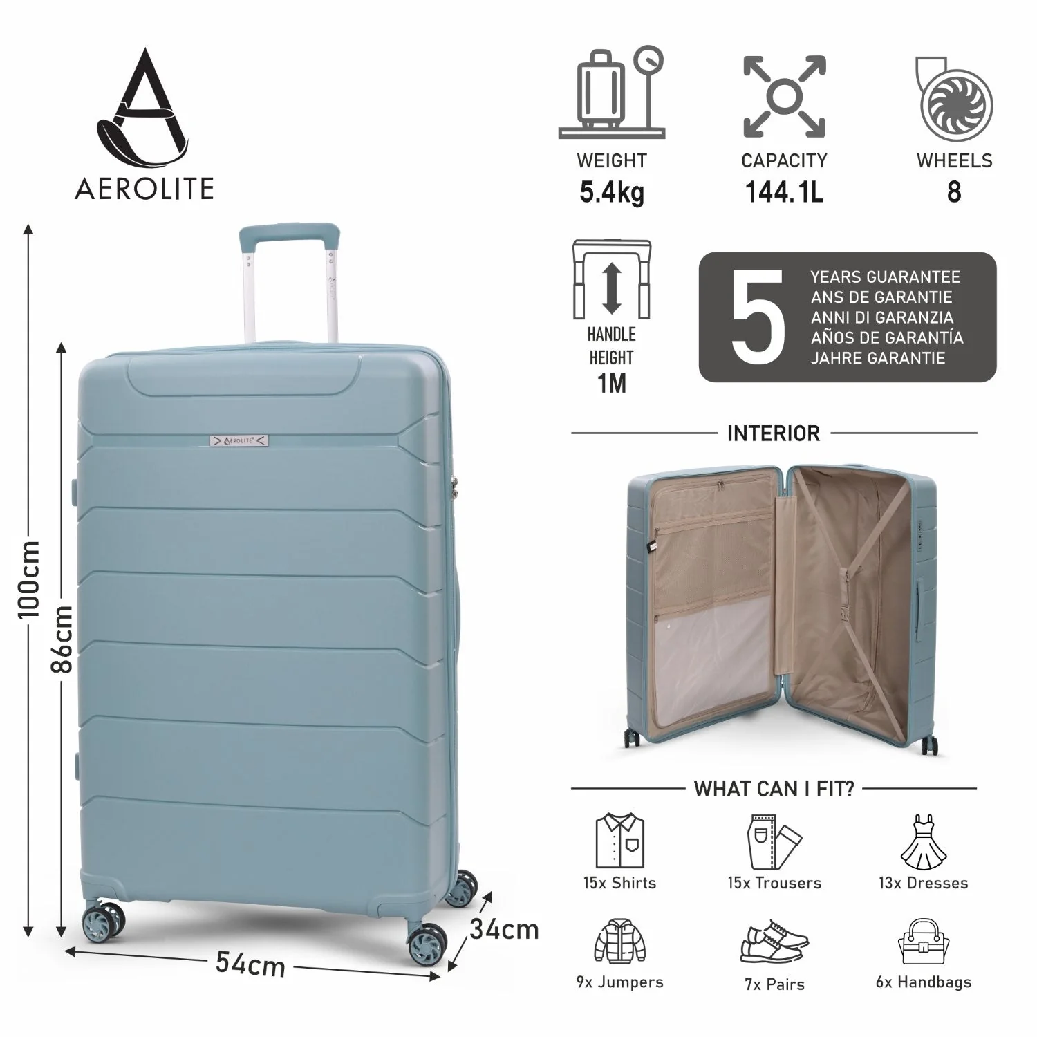 Aerolite Premium PP 4 Piece Hard Shell 4 Dual Wheel Spinner Travel Luggage Suitcase Set , Expandable Cabin + Medium + Large + Extra Large - Sage - Image 21