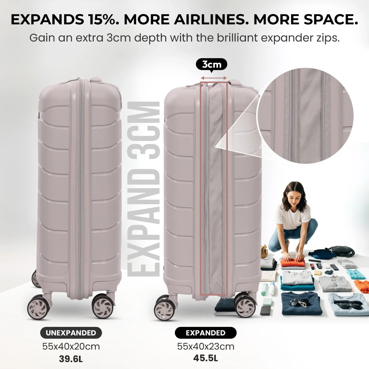 Aerolite Premium PP Expandable Cabin Suitcase 55x40x20cm to 55x40x23cm, Ryanair & Wizz Air Priority Max Size, Lightweight Polypropylene Hard Shell Carry-On with 4 Wheels & TSA Lock - Cream - Image 3