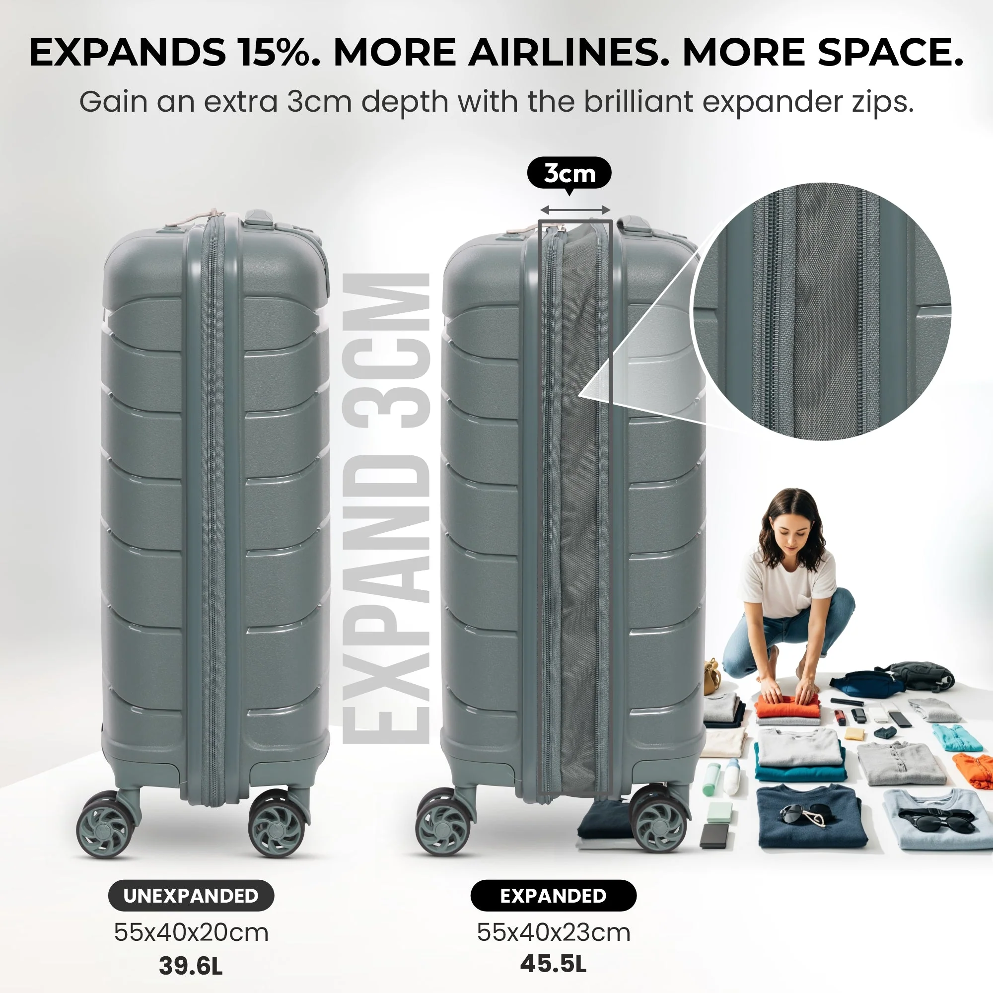 Aerolite Premium PP Expandable Cabin Suitcase 55x40x20cm to 55x40x23cm, Ryanair & Wizz Air Priority Max Size, Lightweight Polypropylene Hard Shell Carry-On with 4 Wheels & TSA Lock - Green - Image 3