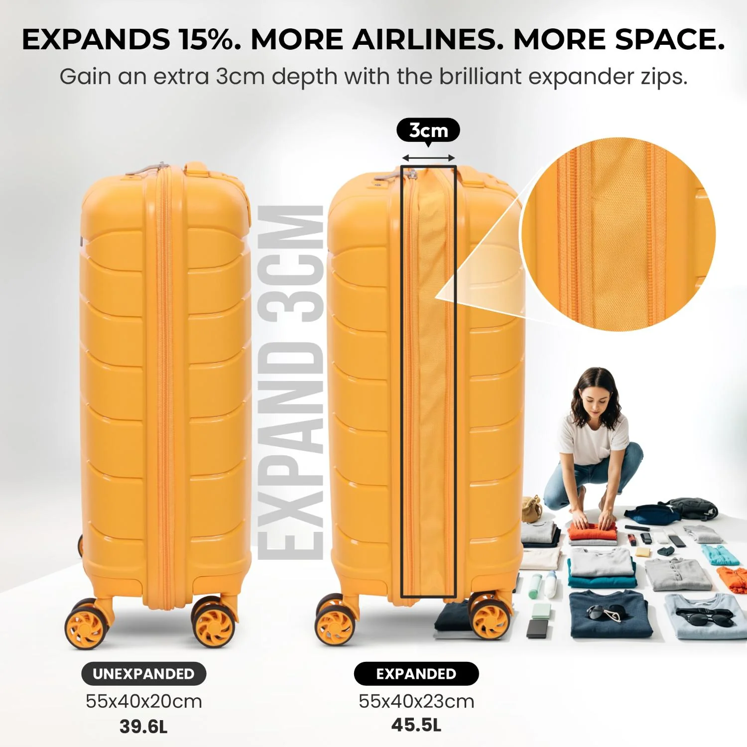 Aerolite Premium PP Expandable Cabin Suitcase 55x40x20cm to 55x40x23cm, Ryanair & Wizz Air Priority Max Size, Lightweight Polypropylene Hard Shell Carry-On with 4 Wheels & TSA Lock - Mango - Image 3