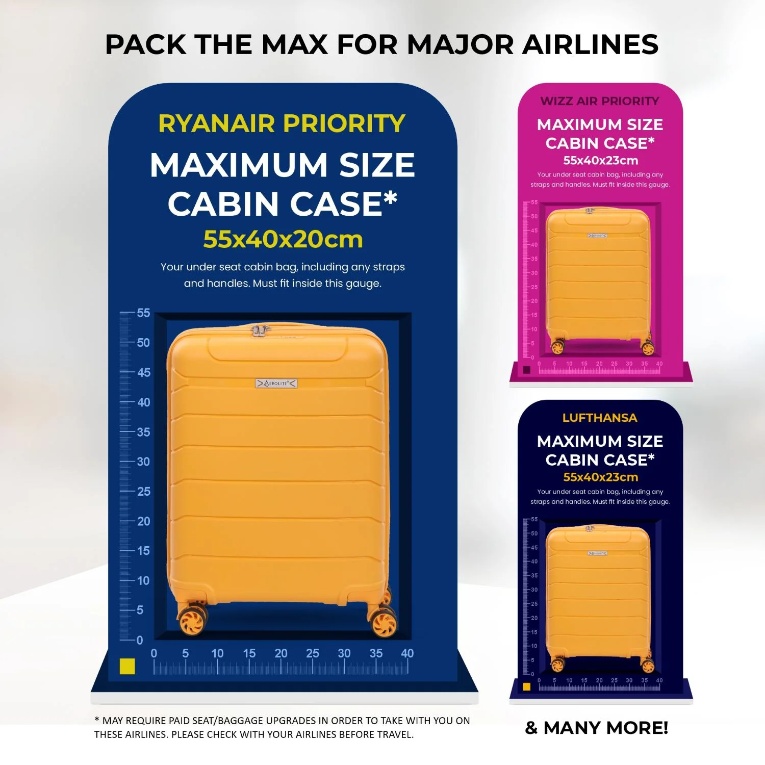 Aerolite Premium PP Expandable Cabin Suitcase 55x40x20cm to 55x40x23cm, Ryanair & Wizz Air Priority Max Size, Lightweight Polypropylene Hard Shell Carry-On with 4 Wheels & TSA Lock - Mango - Image 4