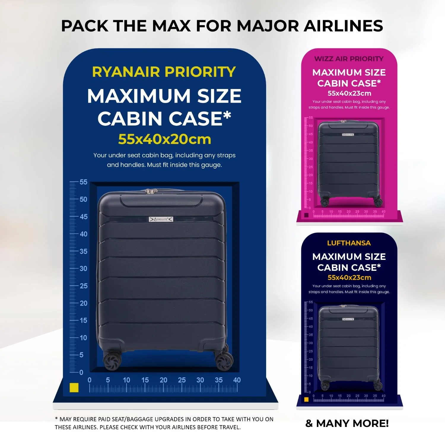 Aerolite Premium PP Expandable Cabin Suitcase 55x40x20cm to 55x40x23cm, Ryanair & Wizz Air Priority Max Size, Lightweight Polypropylene Hard Shell Carry-On with 4 Wheels & TSA Lock - Navy - Image 4