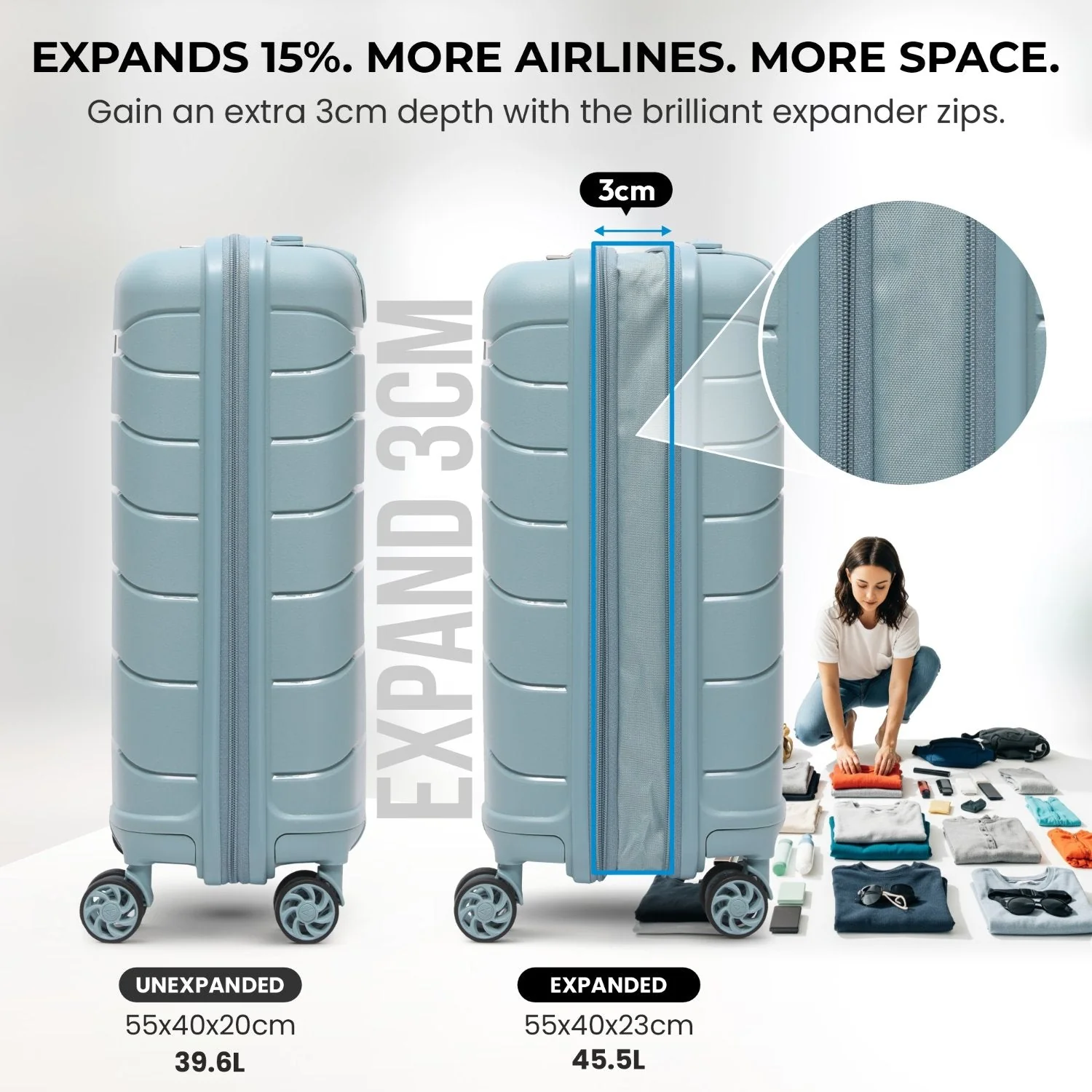 Aerolite Premium PP Expandable Cabin Suitcase 55x40x20cm to 55x40x23cm, Ryanair & Wizz Air Priority Max Size, Lightweight Polypropylene Hard Shell Carry-On with 4 Wheels & TSA Lock - Sage - Image 3