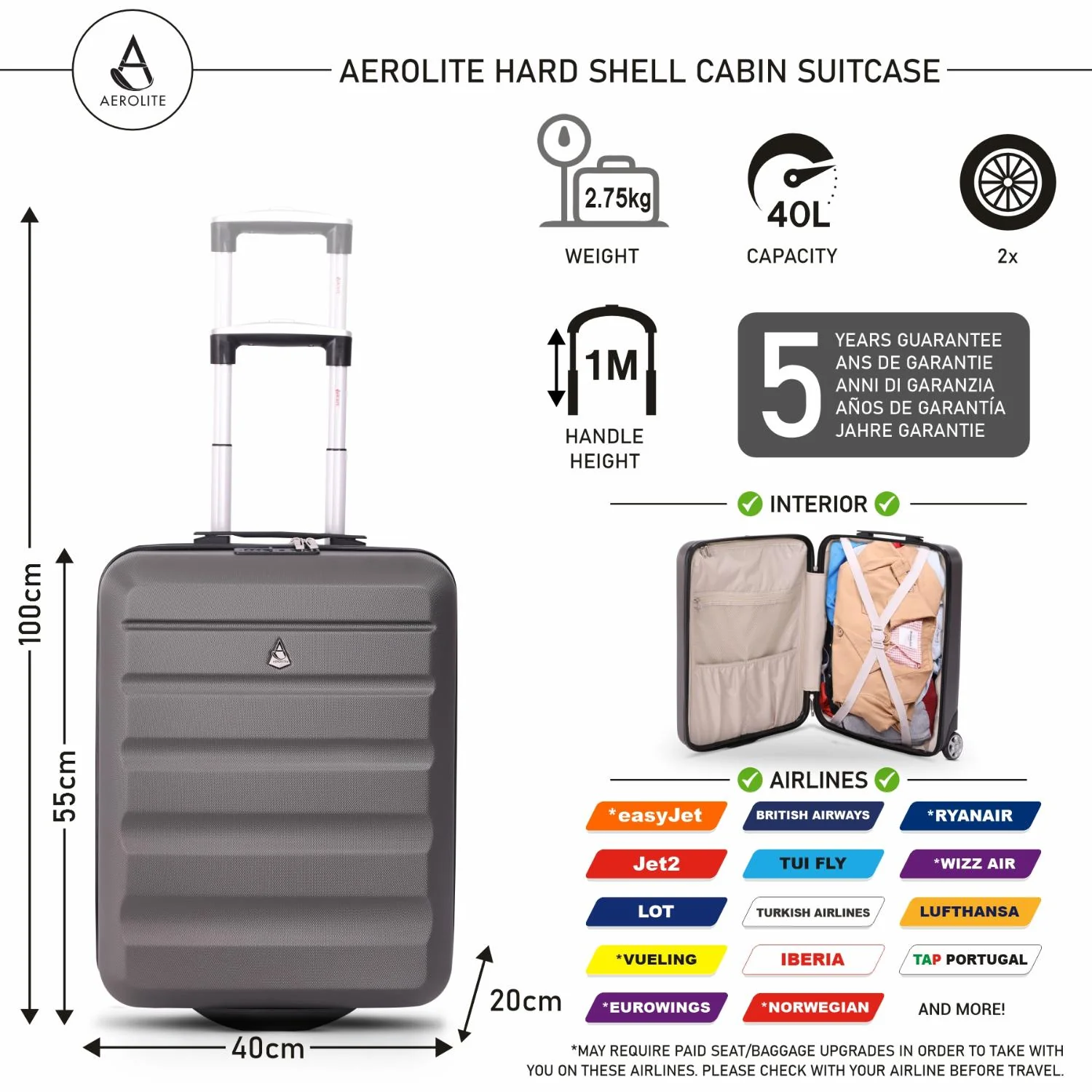 Aerolite (55x40x20cm) Ryanair Priority Max Lightweight Hard Shell Cabin Suitcase, 40L, 2 Wheels - Image 2