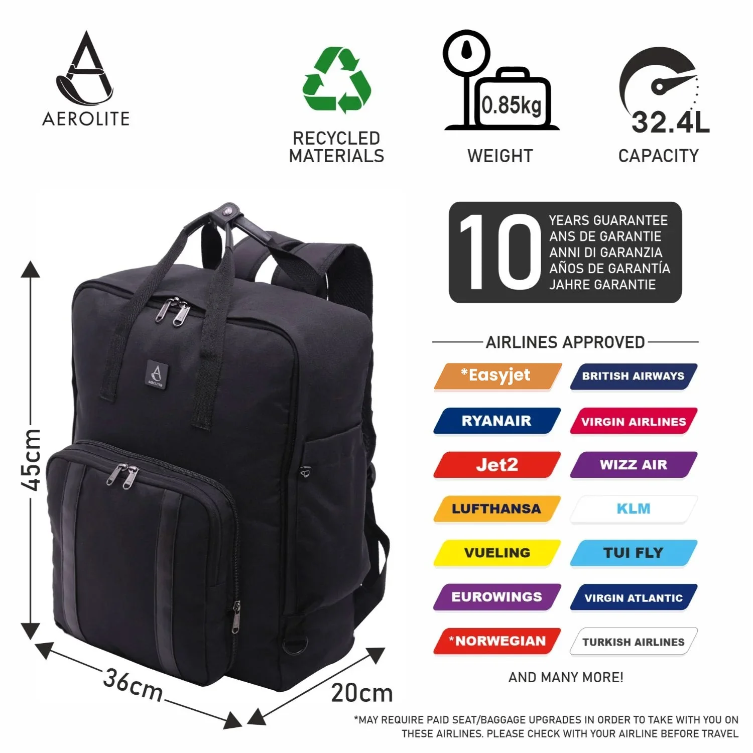 Aerolite 45x36x20 Easyjet Maximum Size Backpack With Removable Small Carry Pouch Recycled Eco-Friendly Shower-Resistant Cabin Luggage Approved Travel Carry On Flight Rucksack with 10 Year Warranty - Image 4