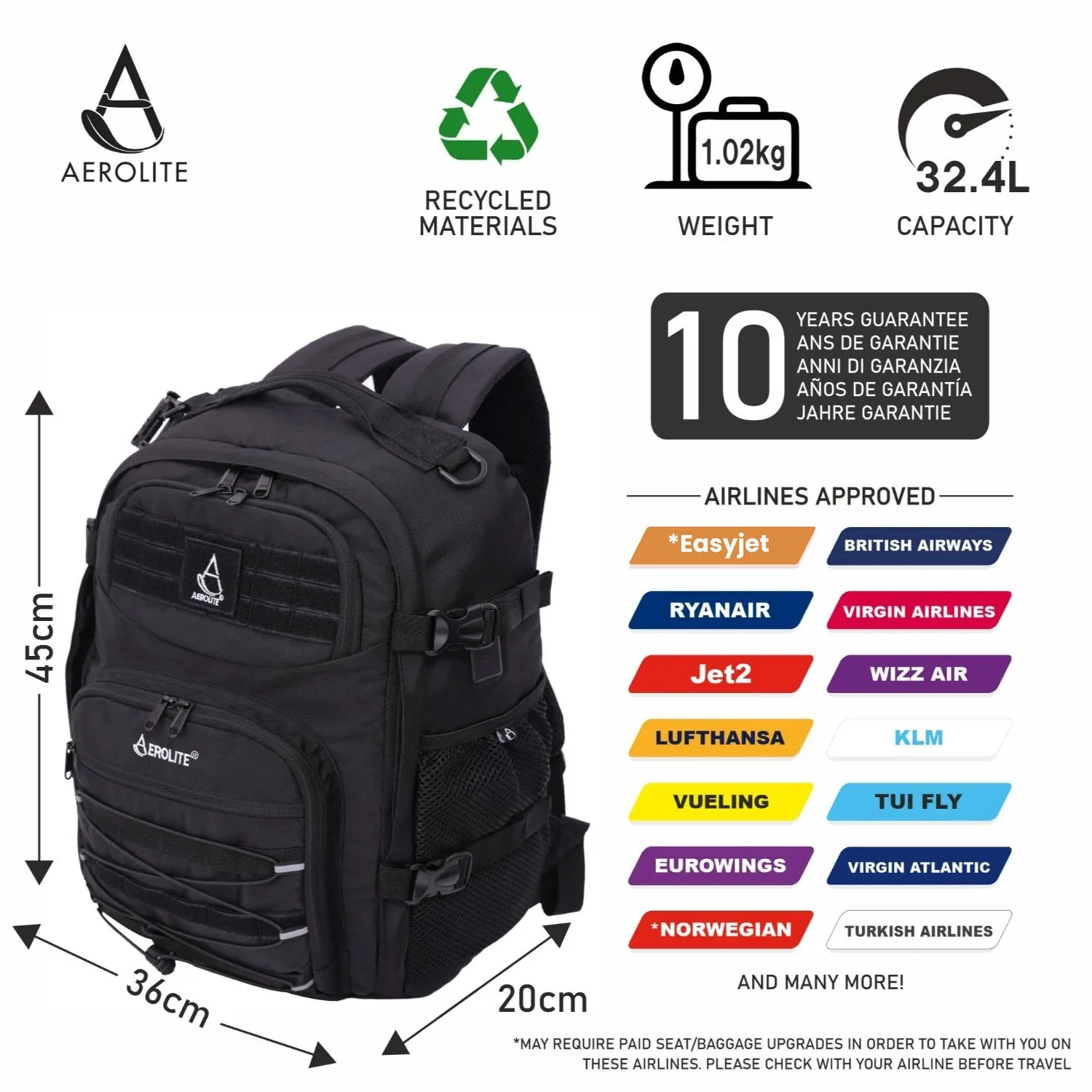Aerolite 45x36x20 Easyjet Maximum Size Backpack With Removable Small Carry Pouch Recycled Eco-Friendly Shower-Resistant Cabin Luggage Approved Travel Carry On Flight Rucksack with 10 Year Warranty - Image 4