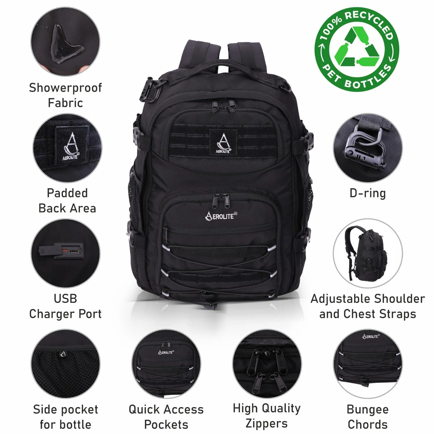 Aerolite 45x36x20 Easyjet Maximum Size Backpack With Removable Small Carry Pouch Recycled Eco-Friendly Shower-Resistant Cabin Luggage Approved Travel Carry On Flight Rucksack with 10 Year Warranty - Image 5