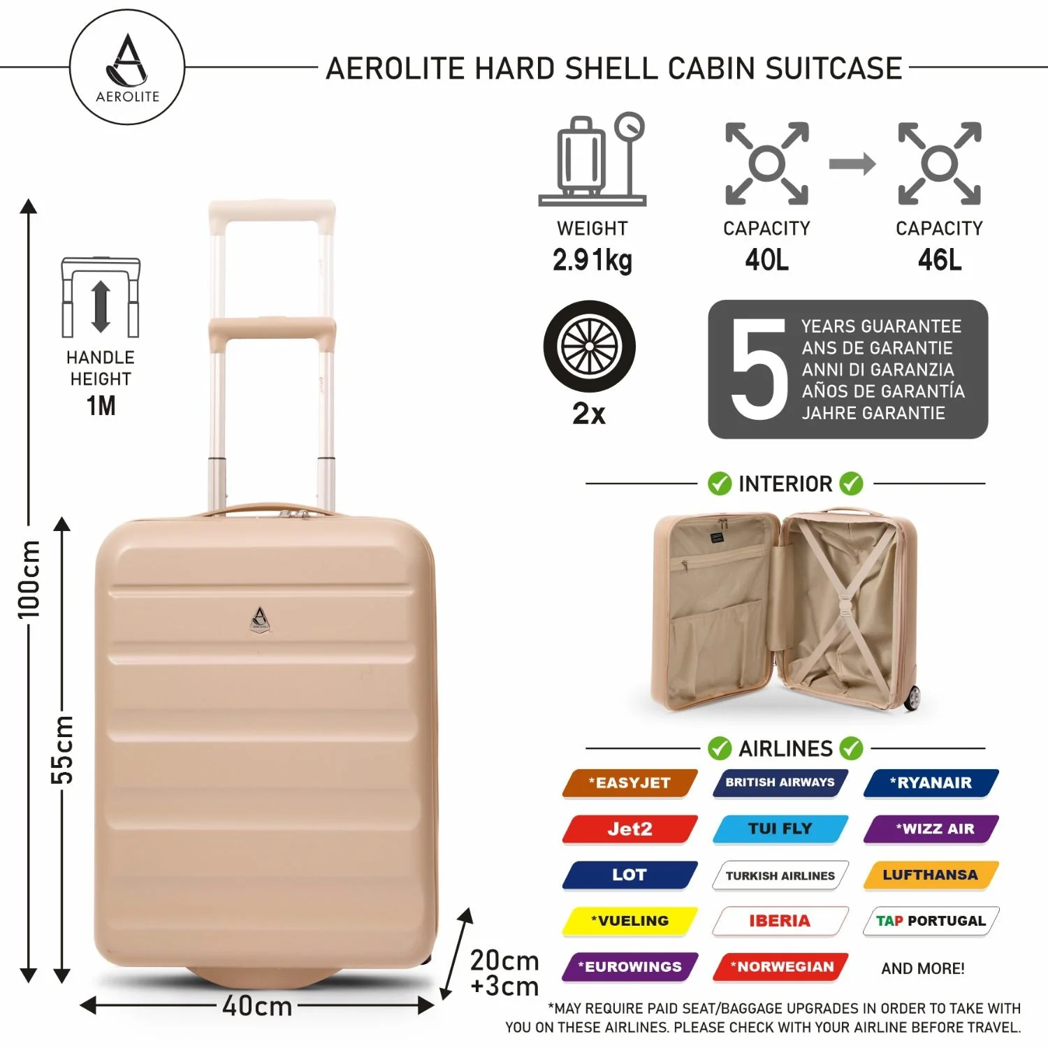 Aerolite Expandable Cabin Suitcase 55x40x20cm Ryanair Priority Max Size, Expands to 55x40x23cm for Lufthansa & Wizz Air Priority, Hard Shell 2-Wheel Carry-On Trolley with TSA Lock, 40–46L Capacity, Beige - Image 2