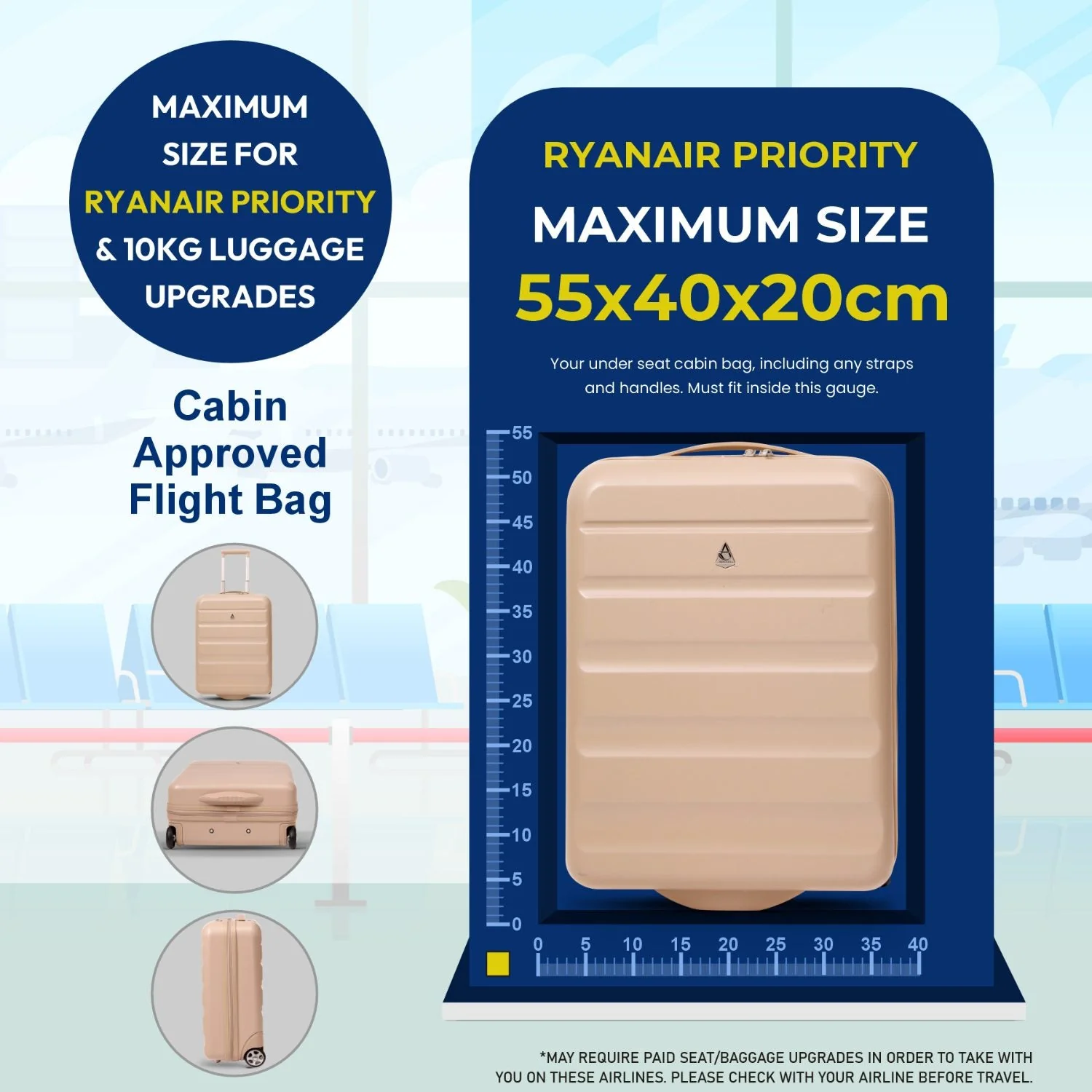 Aerolite Expandable Cabin Suitcase 55x40x20cm Ryanair Priority Max Size, Expands to 55x40x23cm for Lufthansa & Wizz Air Priority, Hard Shell 2-Wheel Carry-On Trolley with TSA Lock, 40–46L Capacity, Beige - Image 5
