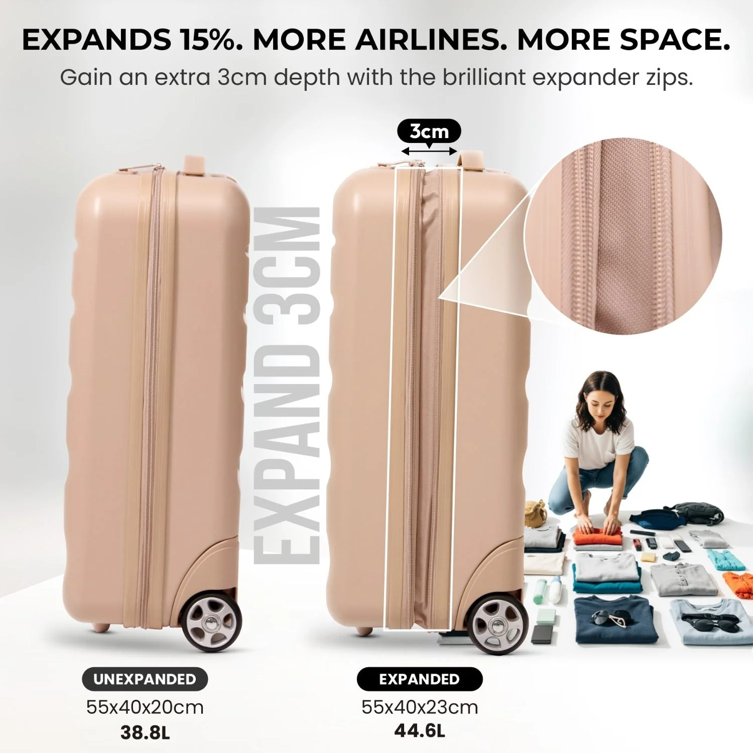 Aerolite Expandable Cabin Suitcase 55x40x20cm Ryanair Priority Max Size, Expands to 55x40x23cm for Lufthansa & Wizz Air Priority, Hard Shell 2-Wheel Carry-On Trolley with TSA Lock, 40–46L Capacity, Beige - Image 6