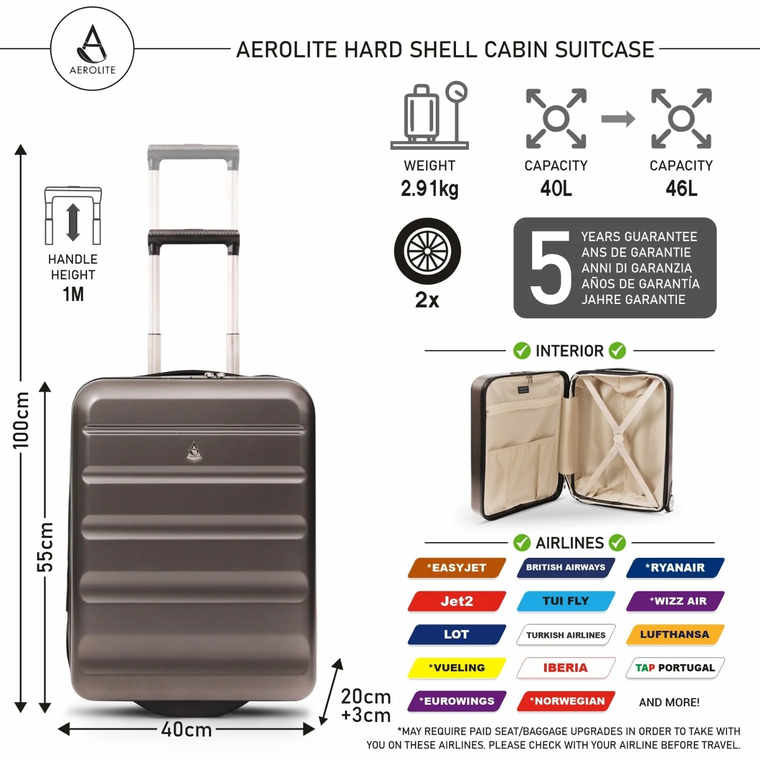 Aerolite Expandable Cabin Suitcase 55x40x20cm Ryanair Priority Max Size, Expands to 55x40x23cm for Lufthansa & Wizz Air Priority, Hard Shell 2-Wheel Carry-On Trolley with TSA Lock, 40–46L Capacity, Charcoal - Image 2