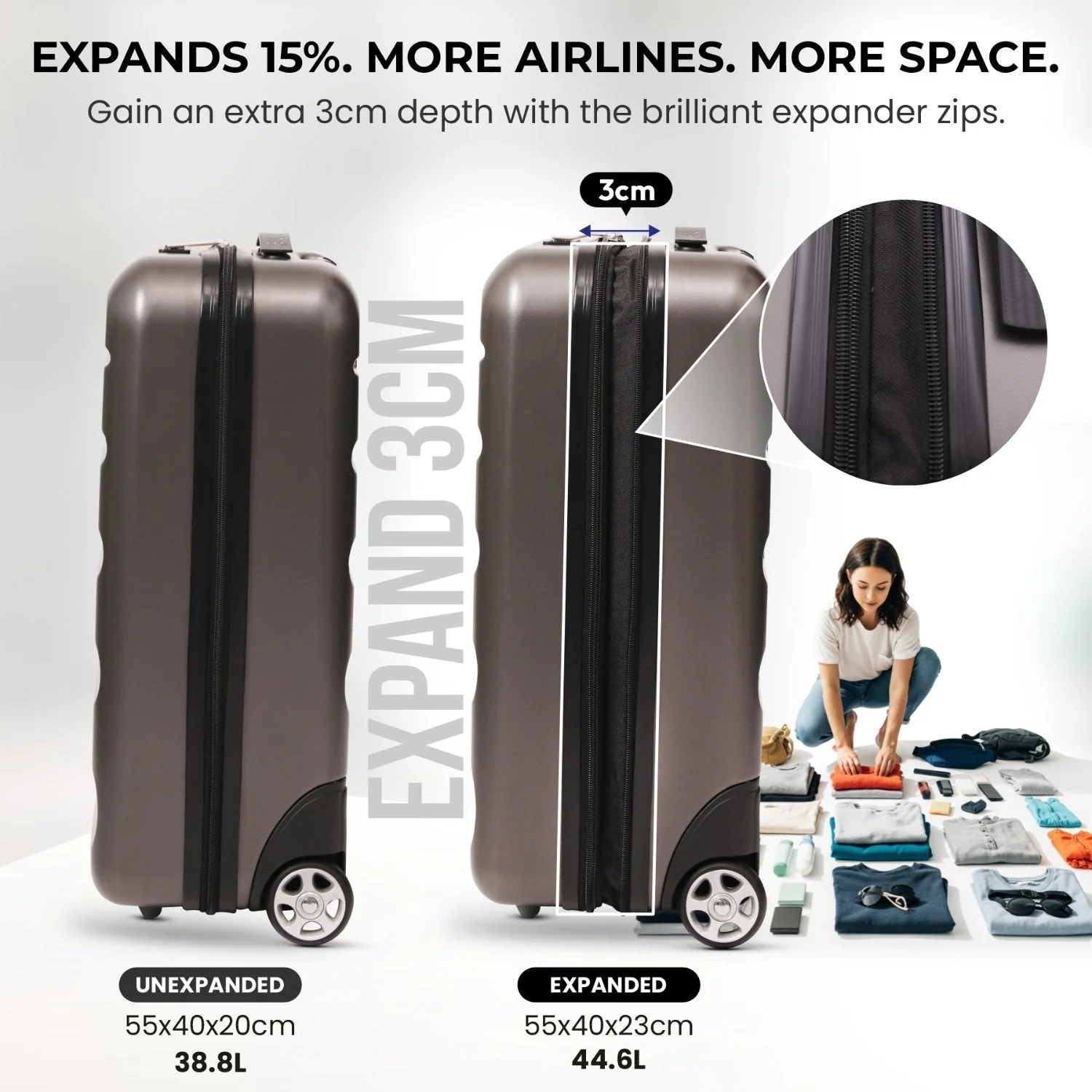 Aerolite Expandable Cabin Suitcase 55x40x20cm Ryanair Priority Max Size, Expands to 55x40x23cm for Lufthansa & Wizz Air Priority, Hard Shell 2-Wheel Carry-On Trolley with TSA Lock, 40–46L Capacity, Charcoal - Image 5