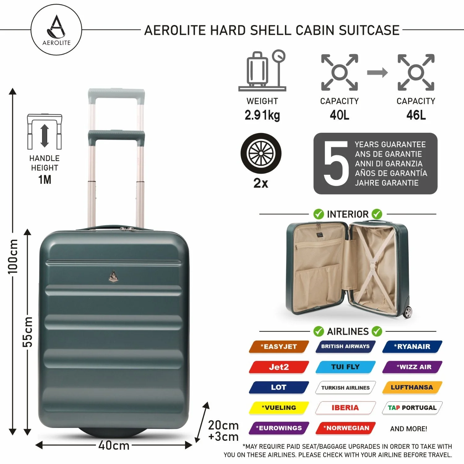Aerolite Expandable Cabin Suitcase 55x40x20cm Ryanair Priority Max Size, Expands to 55x40x23cm for Lufthansa & Wizz Air Priority, Hard Shell 2-Wheel Carry-On Trolley with TSA Lock, 40–46L Capacity, Forest Green - Image 2