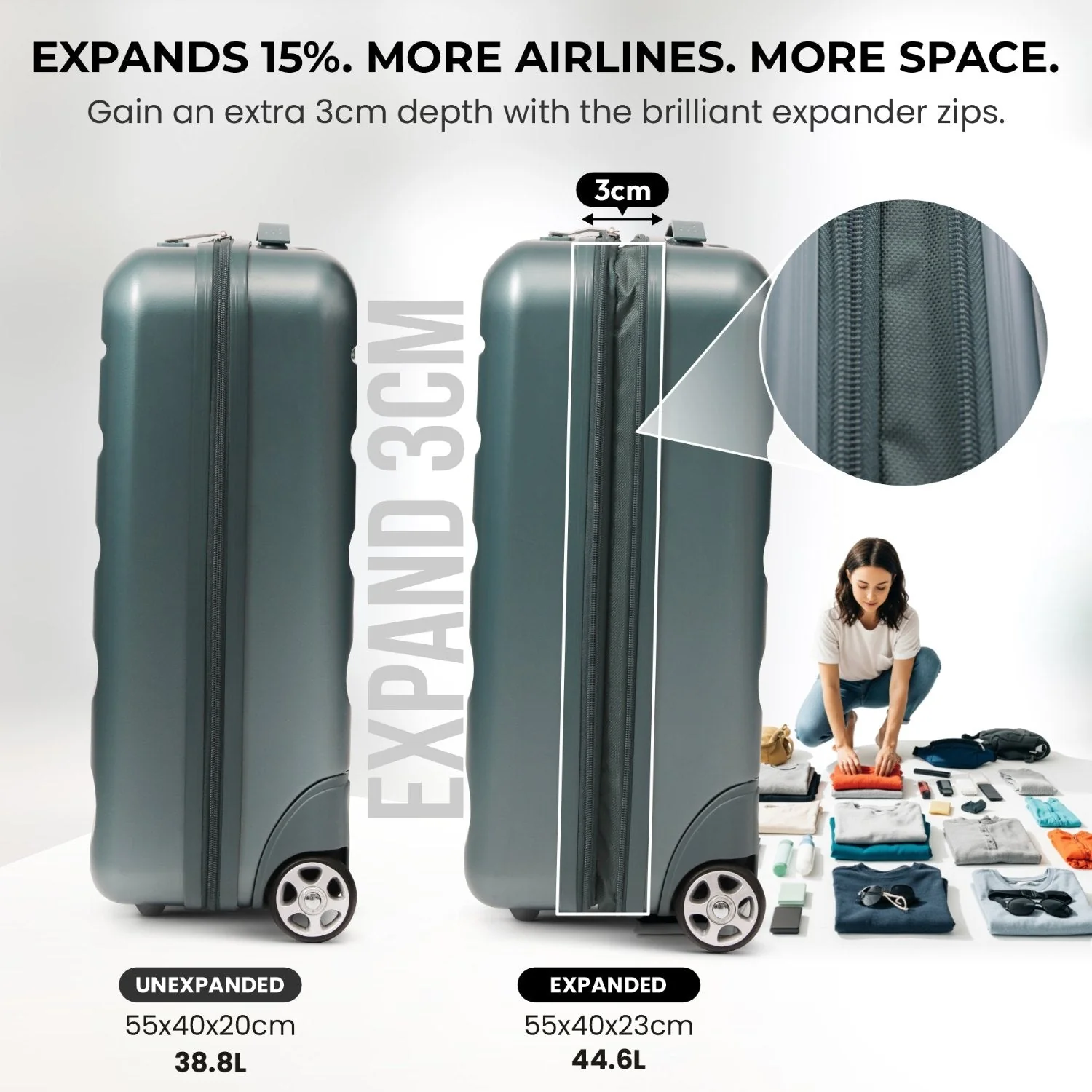 Aerolite Expandable Cabin Suitcase 55x40x20cm Ryanair Priority Max Size, Expands to 55x40x23cm for Lufthansa & Wizz Air Priority, Hard Shell 2-Wheel Carry-On Trolley with TSA Lock, 40–46L Capacity, Forest Green - Image 5
