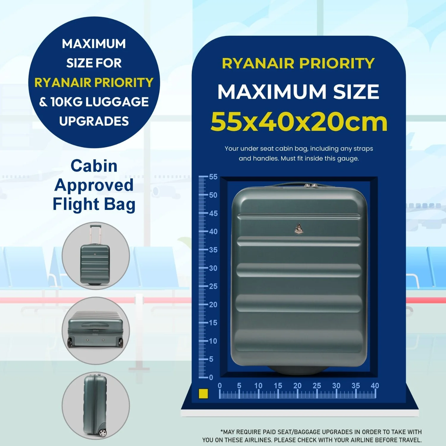 Aerolite Expandable Cabin Suitcase 55x40x20cm Ryanair Priority Max Size, Expands to 55x40x23cm for Lufthansa & Wizz Air Priority, Hard Shell 2-Wheel Carry-On Trolley with TSA Lock, 40–46L Capacity, Forest Green - Image 6