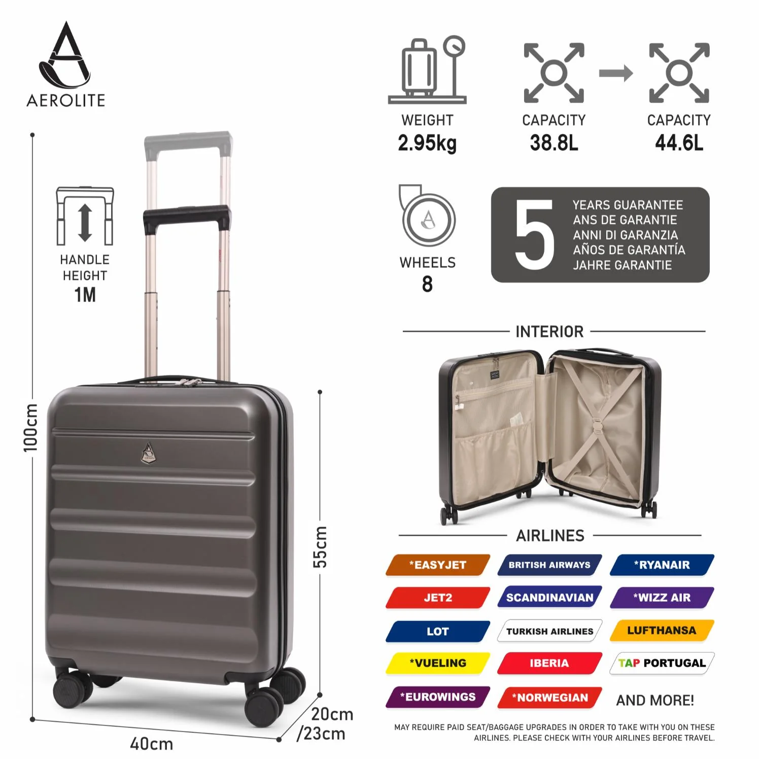 Aerolite Expandable 55x40x20cm to 55x40x23cm Ryanair Priority, Wizz Air Priority, Lufthansa Max Size Lightweight Hard Shell Carry On Hand Cabin Luggage Suitcase with 4 Wheels (CHARCOAL) - Image 2