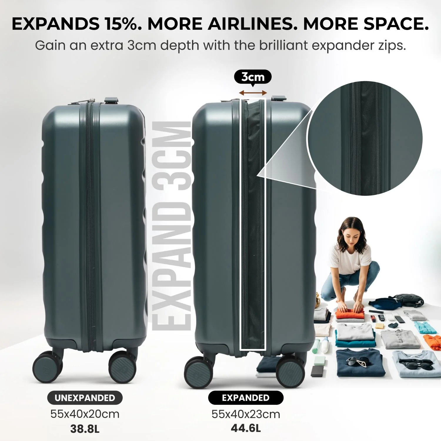 Aerolite Expandable 55x40x20cm to 55x40x23cm Ryanair Priority, Wizz Air Priority, Lufthansa Max Size Lightweight Hard Shell Carry On Hand Cabin Luggage Suitcase with 4 Wheels (FOREST GREEN) - Image 3