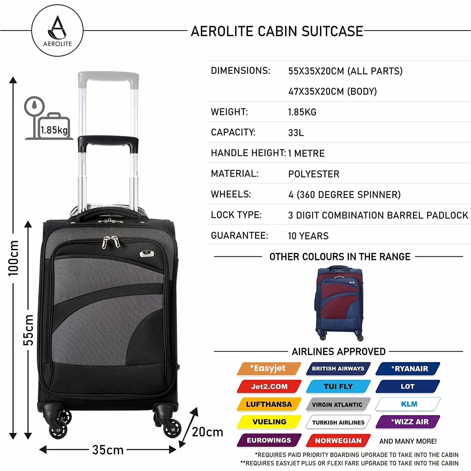 Aerolite Super Lightweight 4 Wheels Soft Shell Cabin & Hold Luggage, Cabin Size Approved for Ryanair (Priority), easyJet (Plus/Large Cabin), British Airways, Delta, Lufthansa Bundle - Image 31