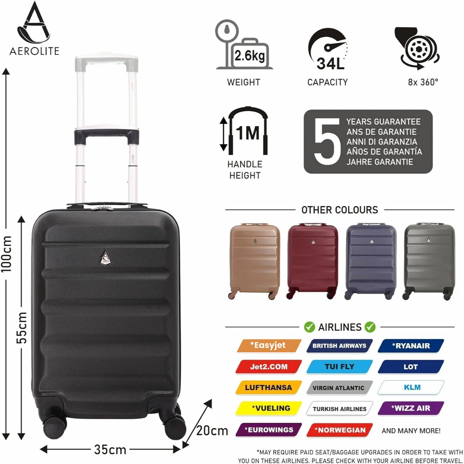 Aerolite 55cm Lightweight Hard Shell 4 Wheel Cabin Suitcase (55x35x20cm) , Approved for Ryanair (Priority), easyJet (plus/flexi), British Airways, Virgin Atlantic, and More - Image 10