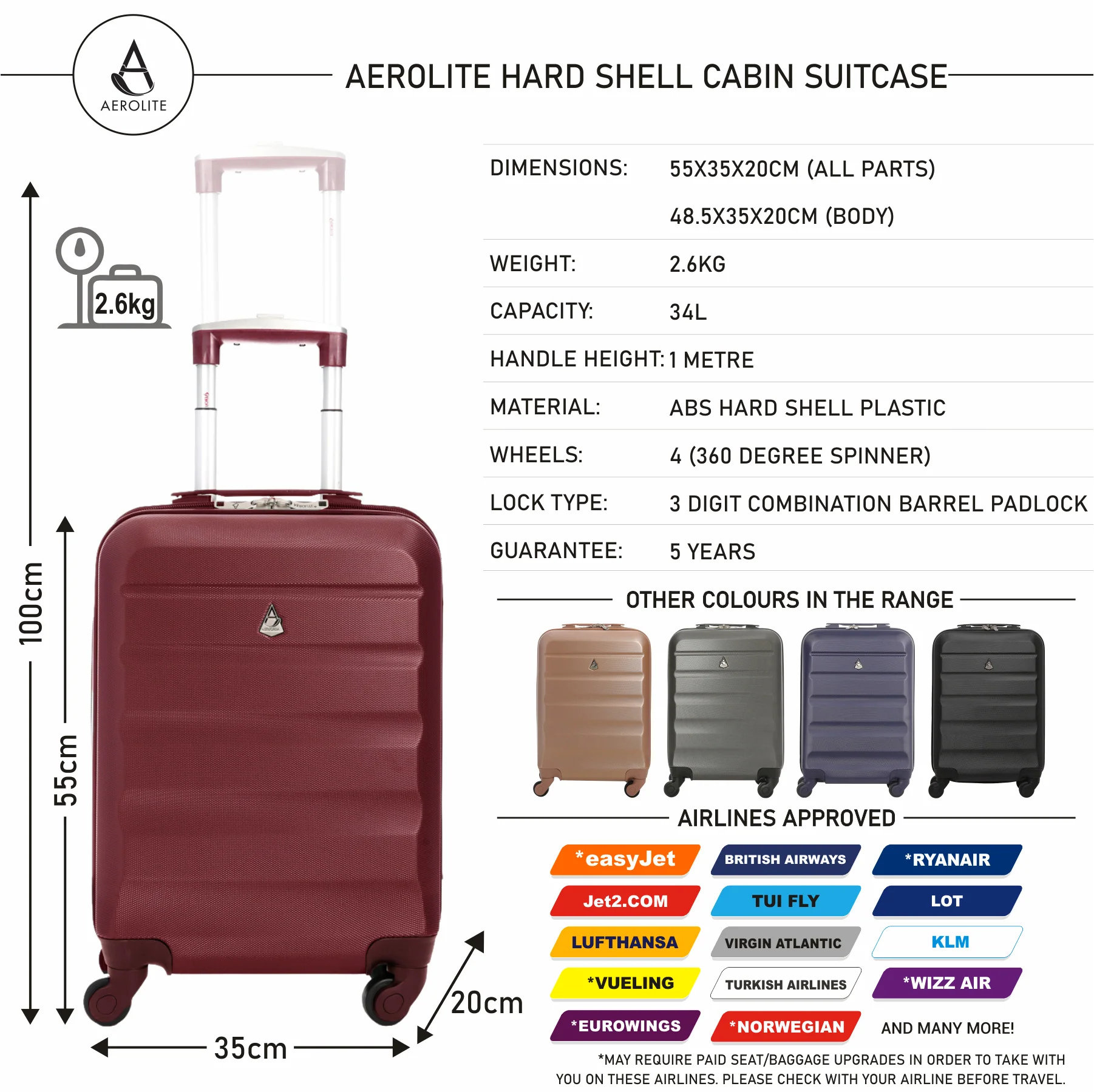 Aerolite (55x35x20cm) Lightweight Hard Shell Cabin Hand Luggage (x3 Set) - Image 10