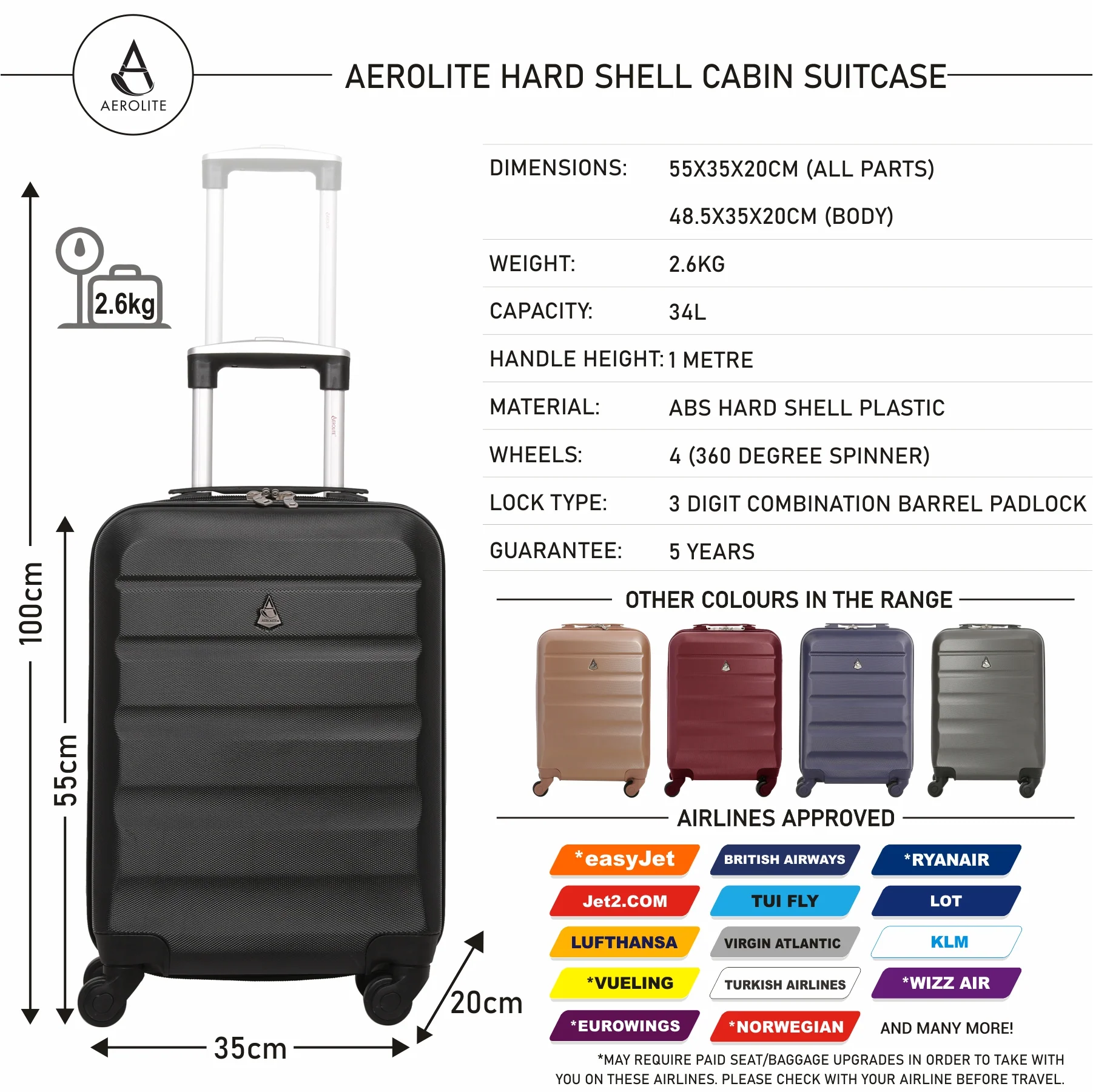 Aerolite (55x35x20cm) Lightweight Hard Shell Cabin Hand Luggage (x3 Set) - Image 7