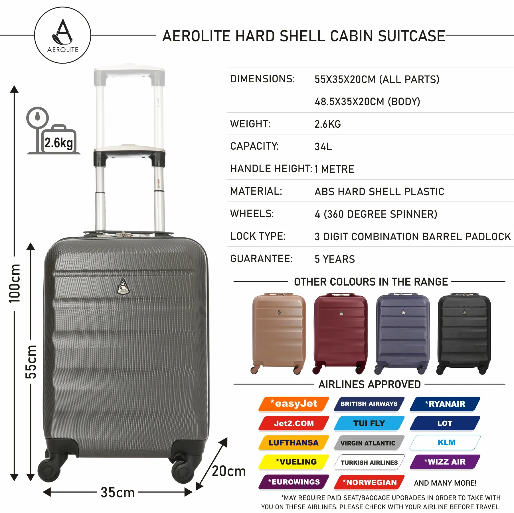 Aerolite (55x35x20cm) Lightweight Hard Shell Cabin Hand Luggage (x3 Set) - Image 8