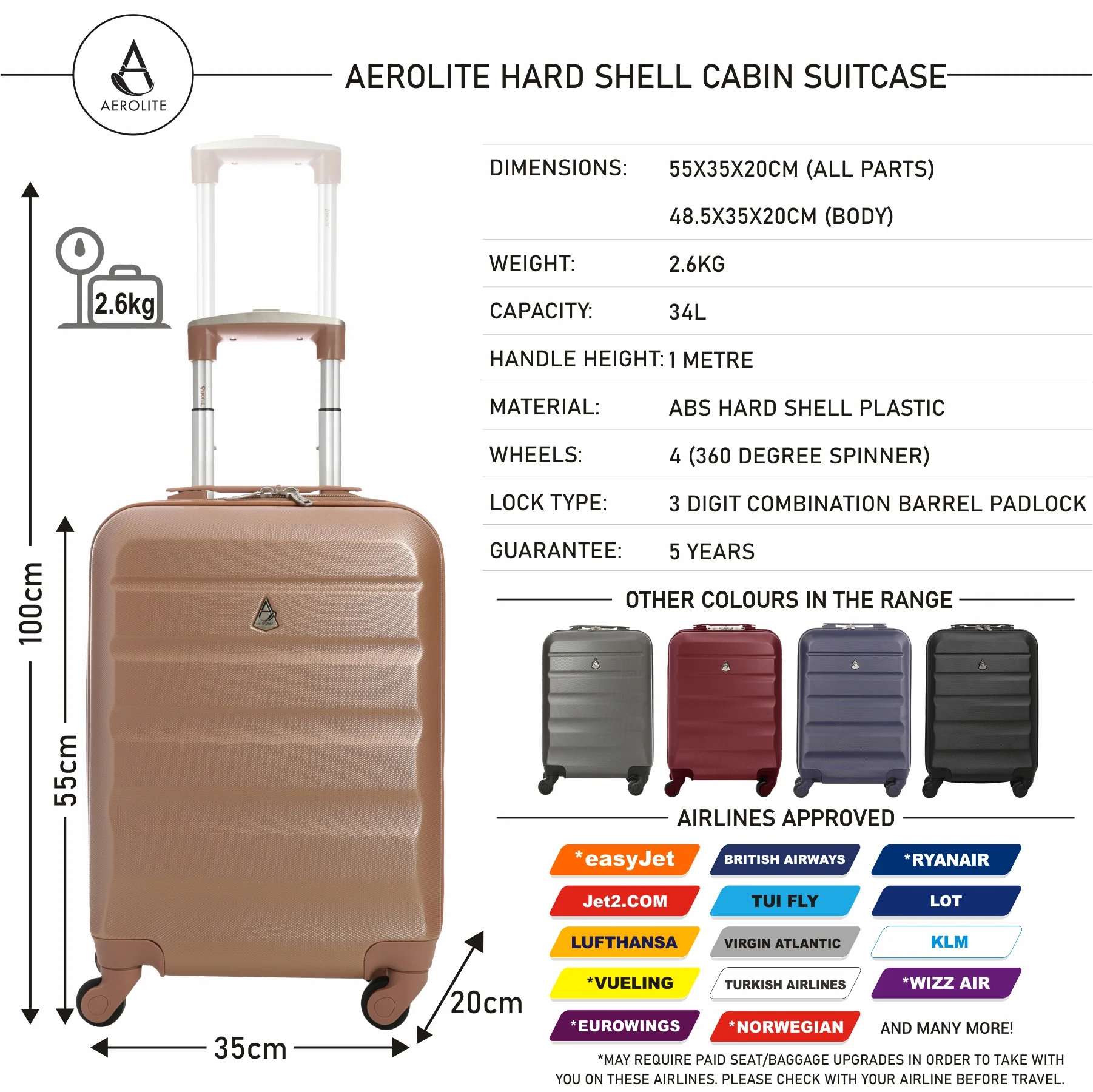Aerolite (55x35x20cm) Lightweight Hard Shell Cabin Hand Luggage (x3 Set) - Image 9