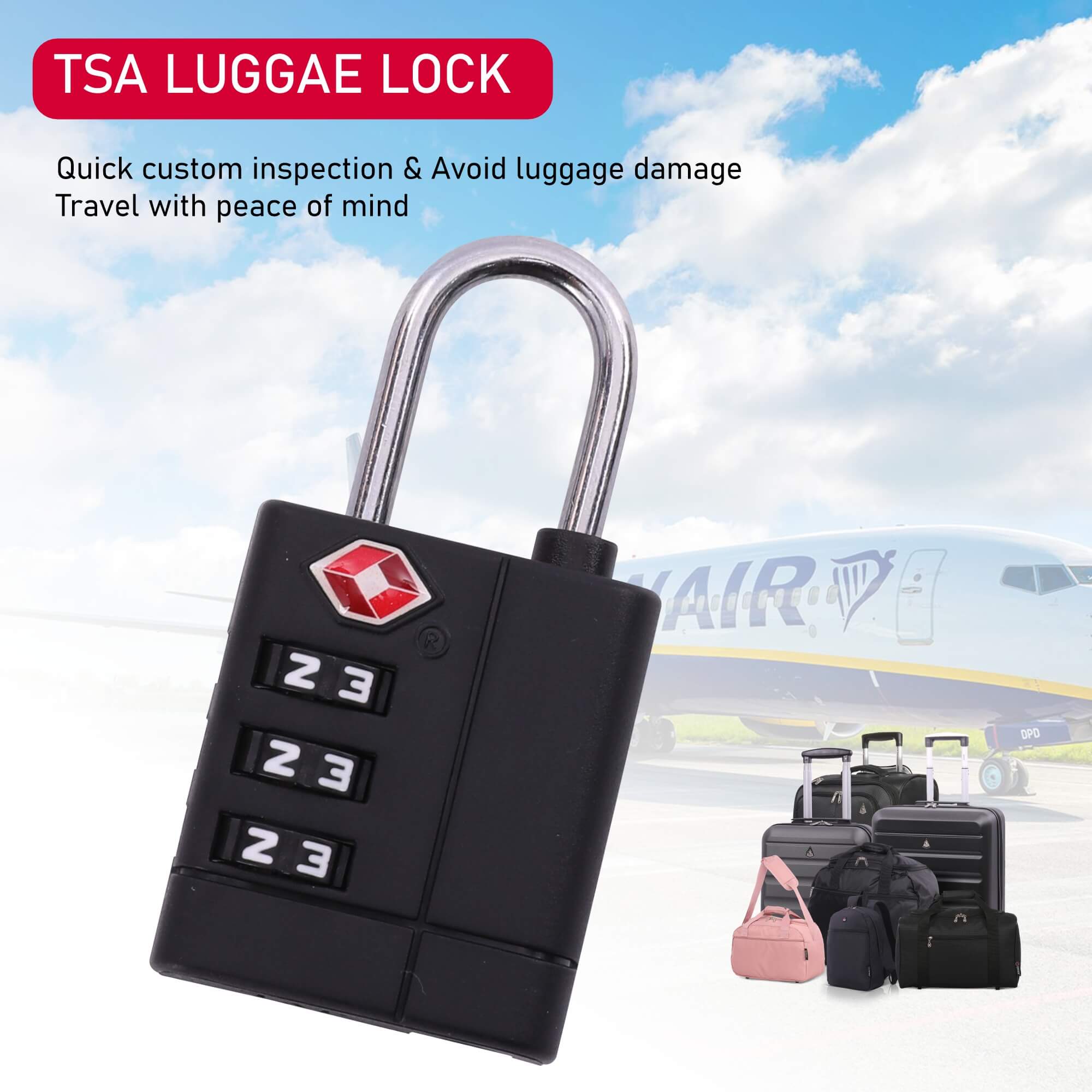 Aerolite TSA Approved Global Travel Accessories Three Dial TSA Combilock, Black - Image 3