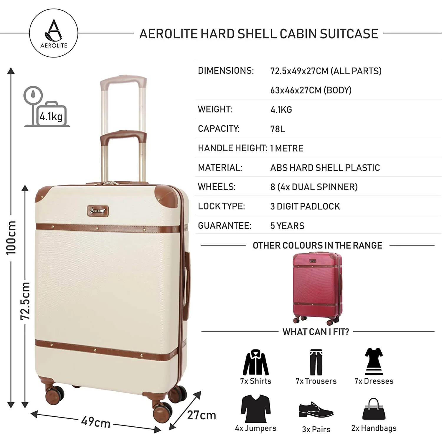 Aerolite Vintage Classic (55x35x20cm) Lightweight Hard Shell Cabin Hand Luggage, Approved For Ryanair, easyJet, British Airways, Delta, Lufthansa, Norwegian, Jet2, Virgin Atlantic and many more! - Image 4