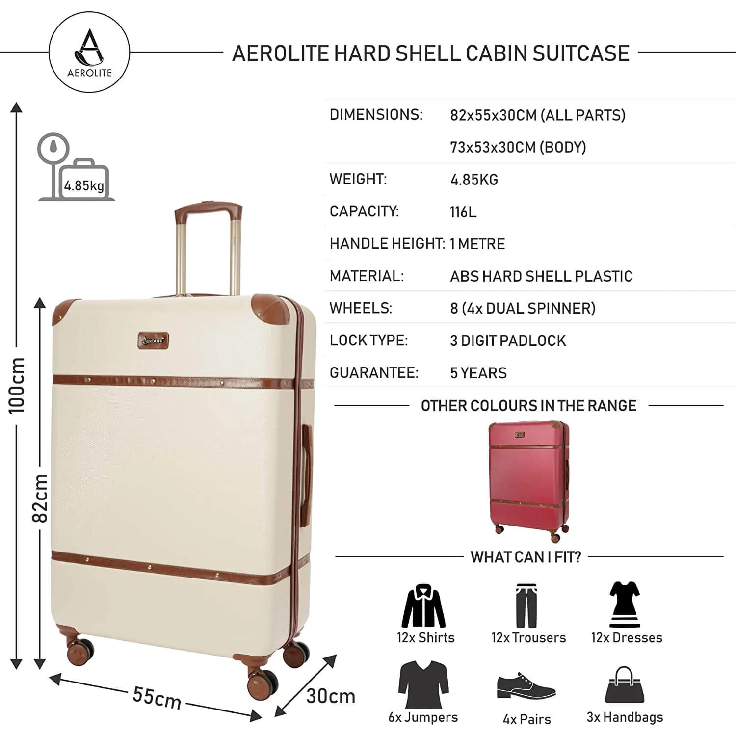 Aerolite Vintage Classic (55x35x20cm) Lightweight Hard Shell Cabin Hand Luggage, Approved For Ryanair, easyJet, British Airways, Delta, Lufthansa, Norwegian, Jet2, Virgin Atlantic and many more! - Image 6