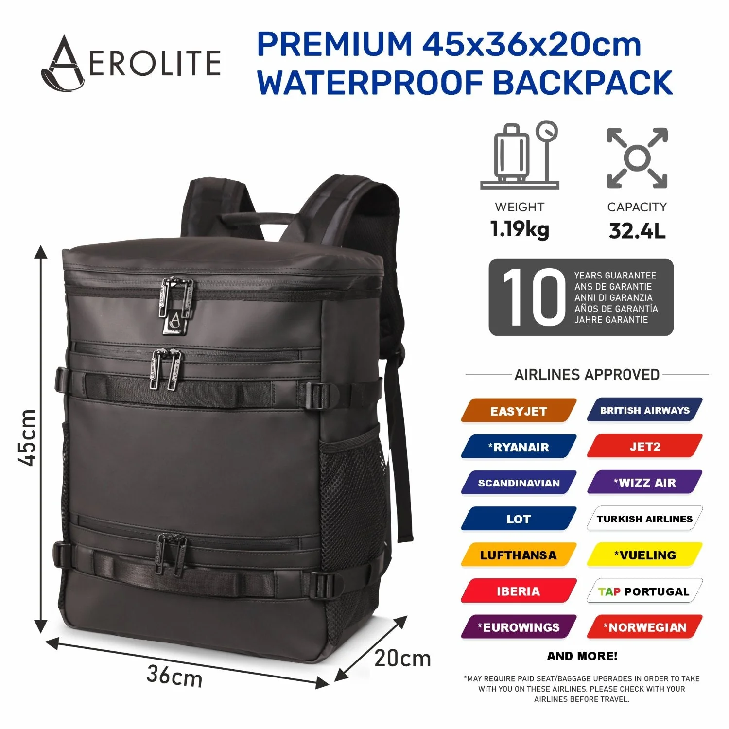 Aerolite Waterproof Backpack – Easyjet Maximum Underseat Size 45×36×20cm, 32L Cabin Rucksack with 15.6″ Laptop Sleeve, Multiple Pockets & Travel-Friendly Features – Black - Image 2