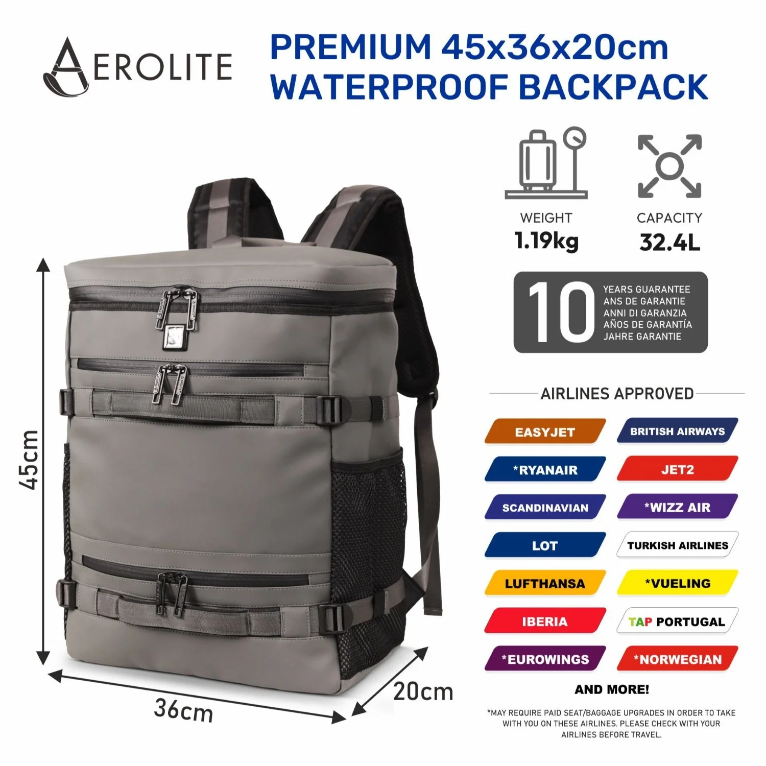 Aerolite Waterproof Backpack – Easyjet Maximum Underseat Size 45×36×20cm, 32L Cabin Rucksack with 15.6″ Laptop Sleeve, Multiple Pockets & Travel-Friendly Features – Dark Green - Image 2