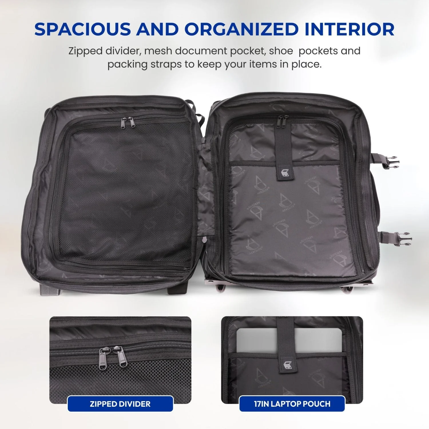Aerolite Waterproof Trolley Cabin Bag, Ryanair Priority Max Size 55x40×20 cm, 44L Carry-On with 17" Laptop Sleeve, TSA Lock & 2 Wheels – Black - Image 4