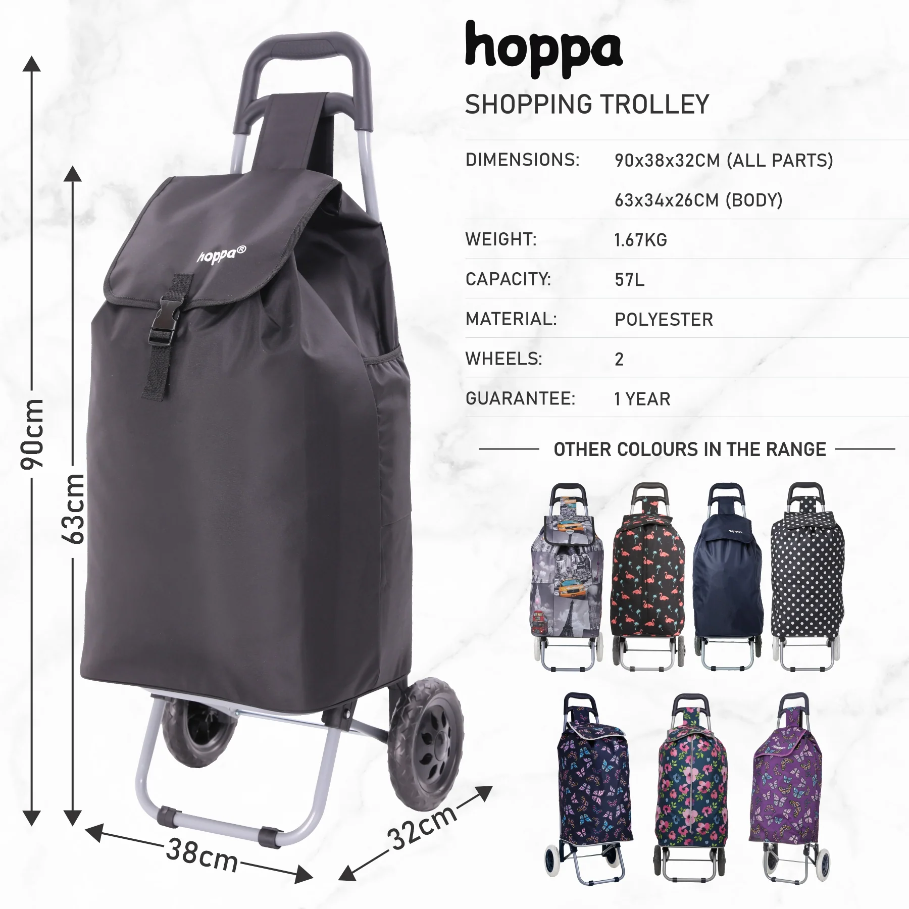 Hoppa 57Ltr Lightweight Shopping Trolley 2025 model, Hard Wearing & Foldaway Push/Pull Cart for Easy Storage With 1 Year Guarantee - Image 3