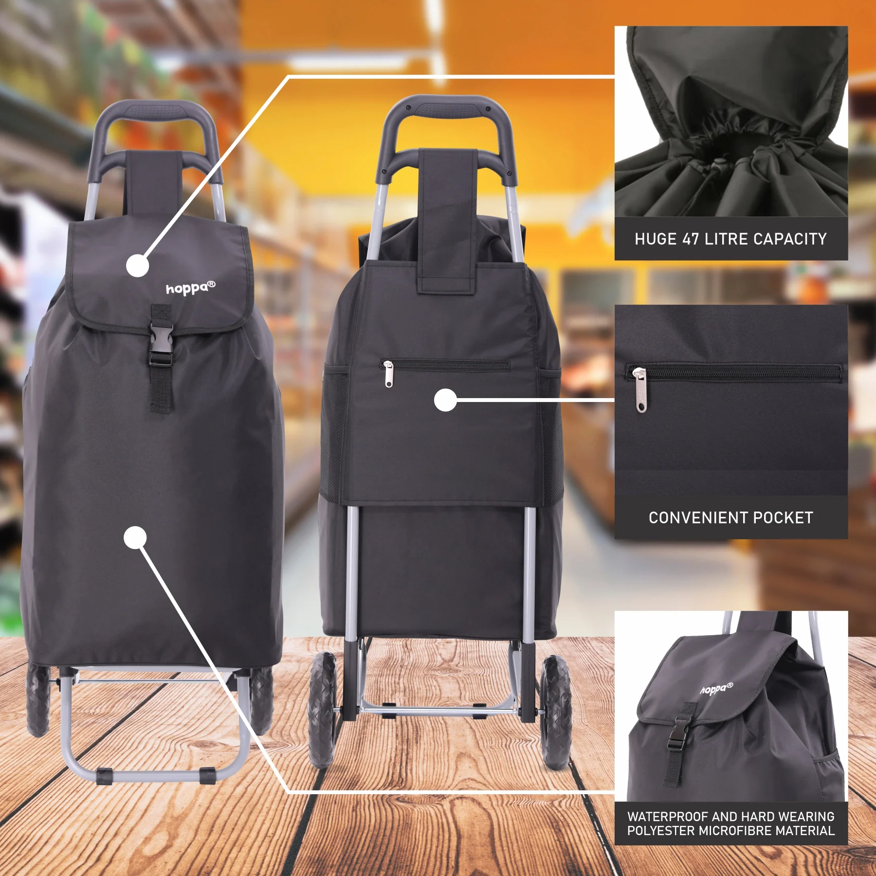 Hoppa 57Ltr Lightweight Shopping Trolley 2025 model, Hard Wearing & Foldaway Push/Pull Cart for Easy Storage With 1 Year Guarantee - Image 5
