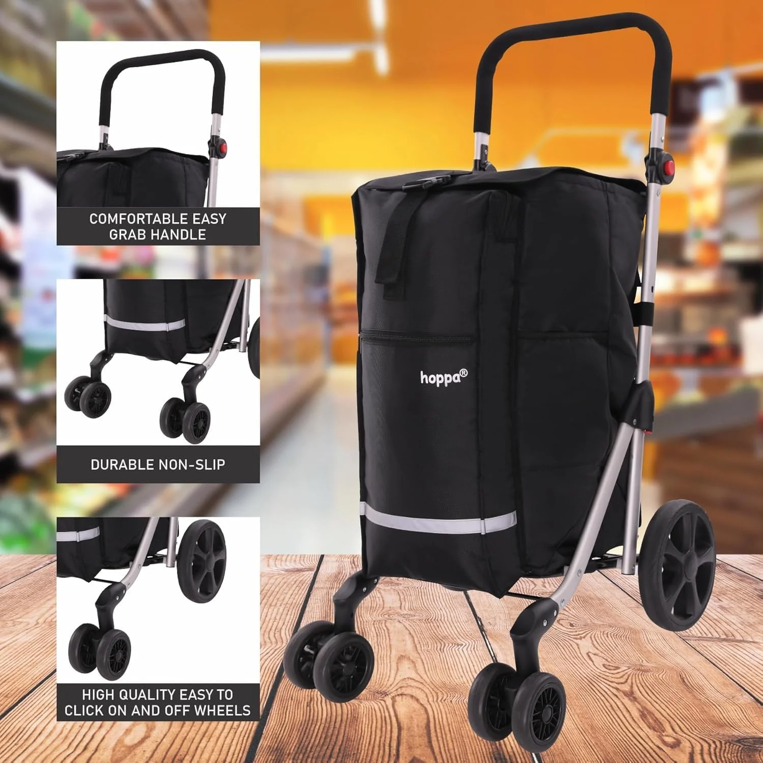Hoppa 74L 6- Wheels Lightweight Foldable Shopping Trolley, Hard-Wearing Trolley Cart , Storage Trolly on Wheels, Sturdy 6 Wheels Collapsable Grocery Trolley Cart on Wheels (Black) - Image 3