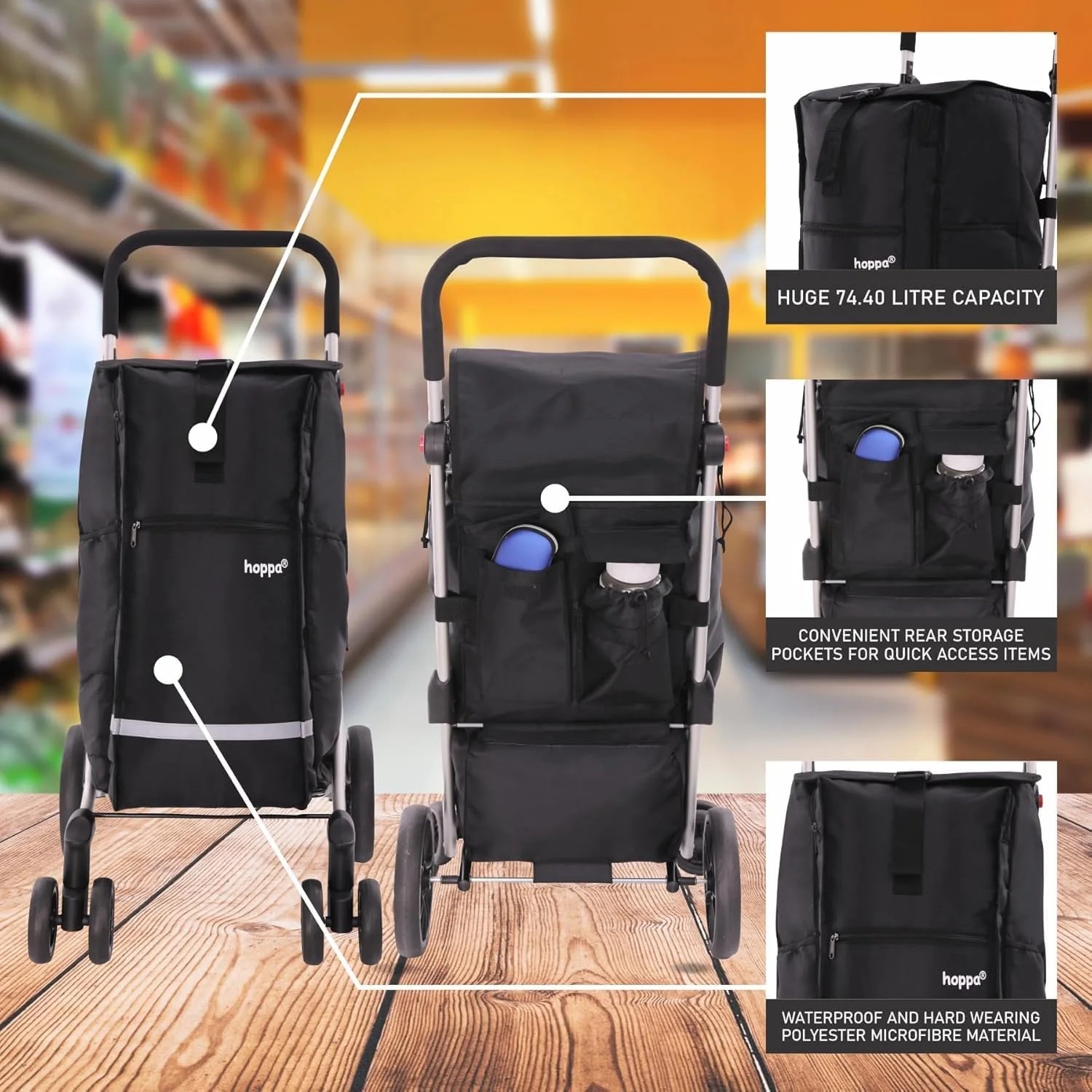Hoppa 74L 6- Wheels Lightweight Foldable Shopping Trolley, Hard-Wearing Trolley Cart , Storage Trolly on Wheels, Sturdy 6 Wheels Collapsable Grocery Trolley Cart on Wheels (Black) - Image 4