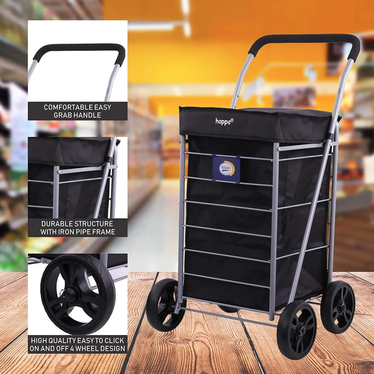 Hoppa Lightweight 4-Wheel Premium 2025 Model Folding Shopping Trolley Extra Large 75.6L Capacity Shopping Trolley Bag, 95cm, 4.8kg, Push/Pull - Image 3
