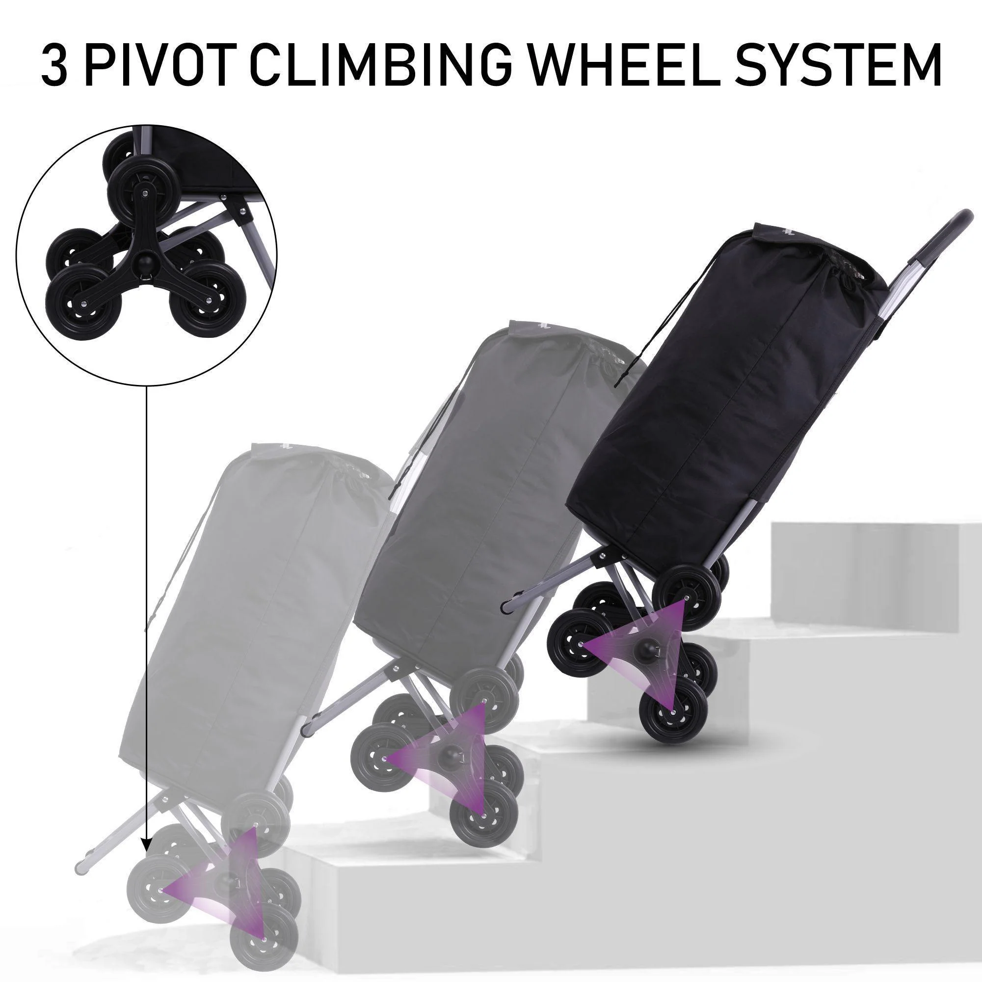 Hoppa Lightweight 6-Wheel 2025 Model Folding Shopping Trolley Large 47L Capacity Shopping Trolley Bag, 95cm, 2kg, Push/Pull Stairclimber (Black) - Image 3