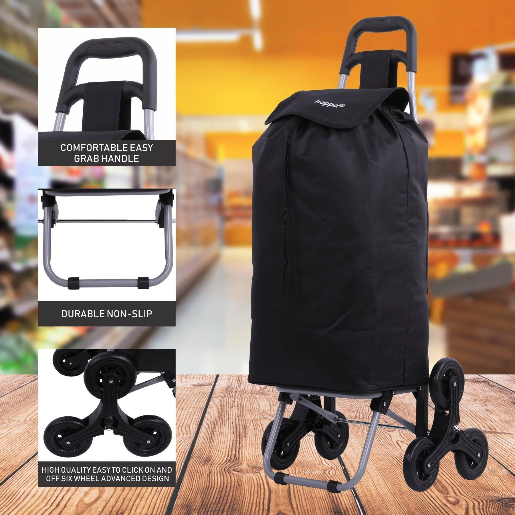 Hoppa Lightweight 6-Wheel 2025 Model Folding Shopping Trolley Large 47L Capacity Shopping Trolley Bag, 95cm, 2kg, Push/Pull Stairclimber (Black) - Image 4