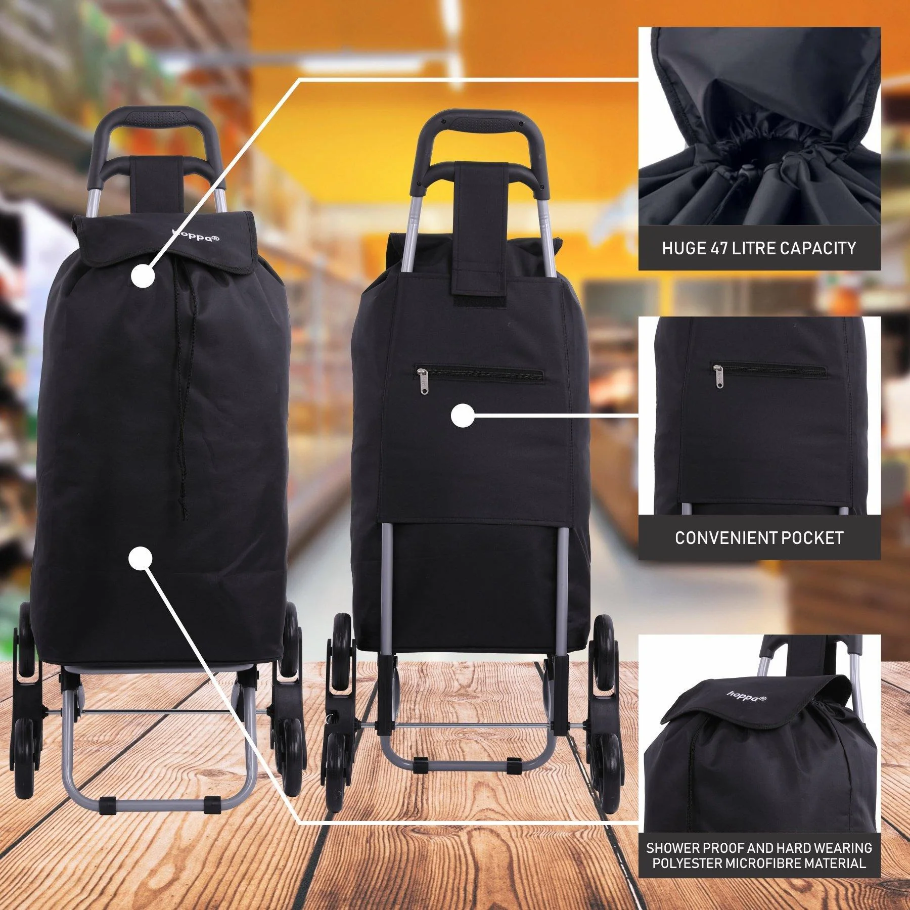 Hoppa Lightweight 6-Wheel 2025 Model Folding Shopping Trolley Large 47L Capacity Shopping Trolley Bag, 95cm, 2kg, Push/Pull Stairclimber (Black) - Image 5