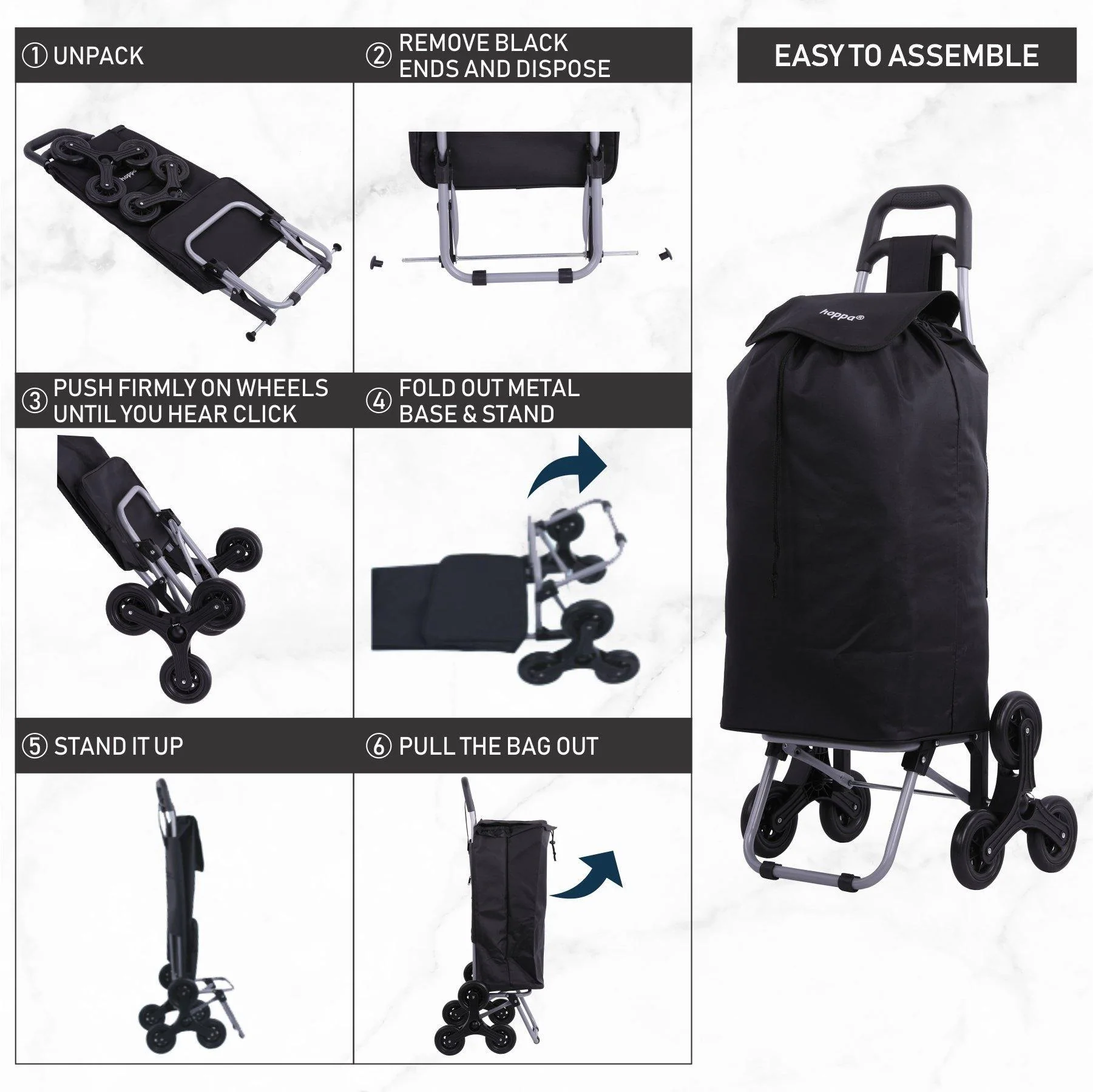 Hoppa Lightweight 6-Wheel 2025 Model Folding Shopping Trolley Large 47L Capacity Shopping Trolley Bag, 95cm, 2kg, Push/Pull Stairclimber (Black) - Image 8