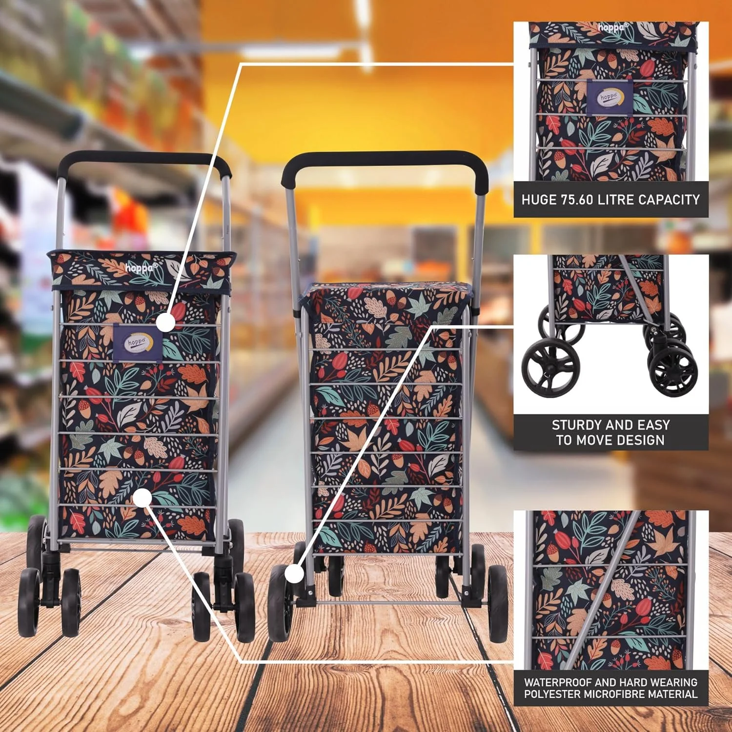 Hoppa Lightweight 6-Wheel Premium 2025 Model Folding Shopping Trolley Extra Large 75.6L Capacity Shopping Trolley Bag, 95cm, 5.25kg, Push/Pull (Black) - Image 10