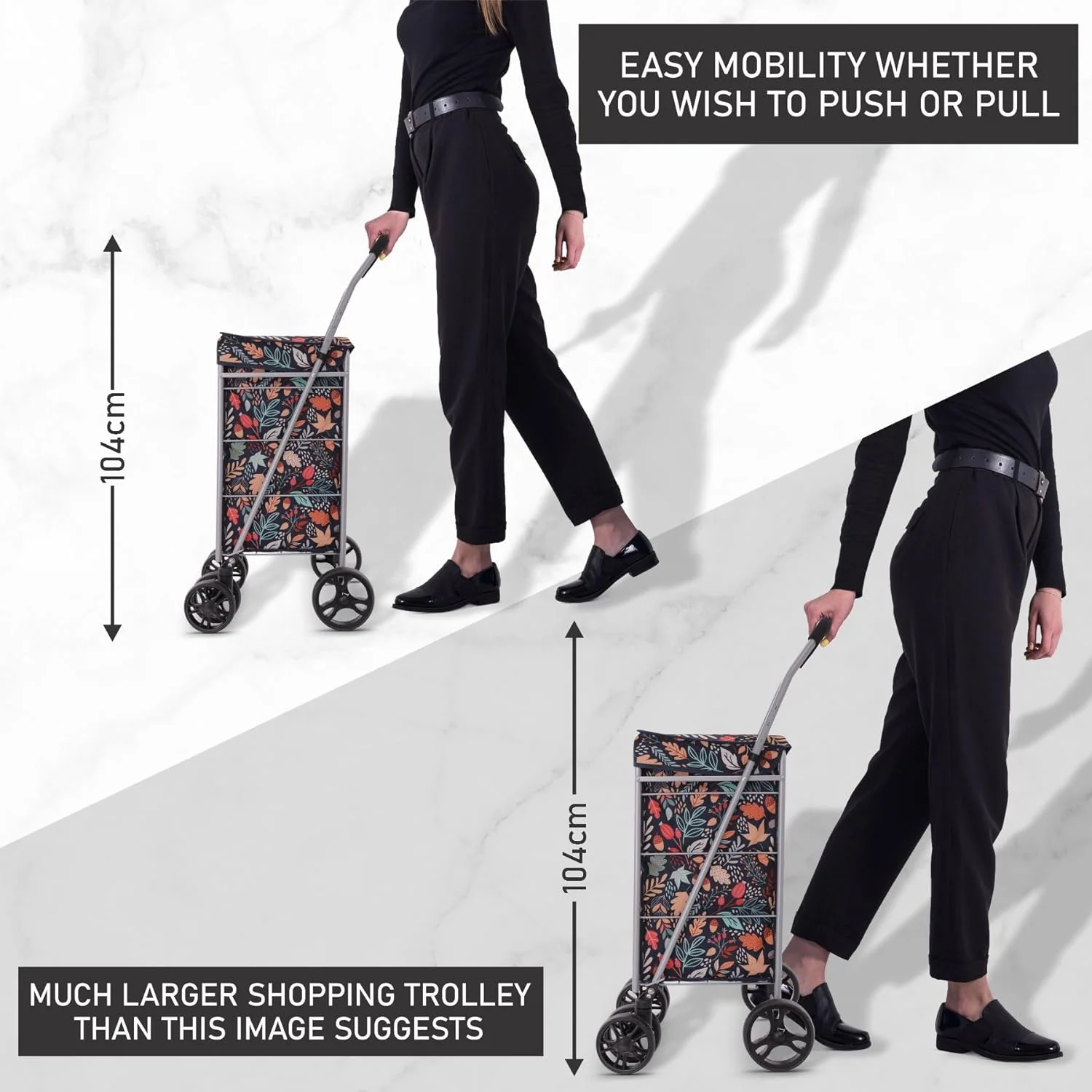 Hoppa Lightweight 6-Wheel Premium 2025 Model Folding Shopping Trolley Extra Large 75.6L Capacity Shopping Trolley Bag, 95cm, 5.25kg, Push/Pull (Black) - Image 11