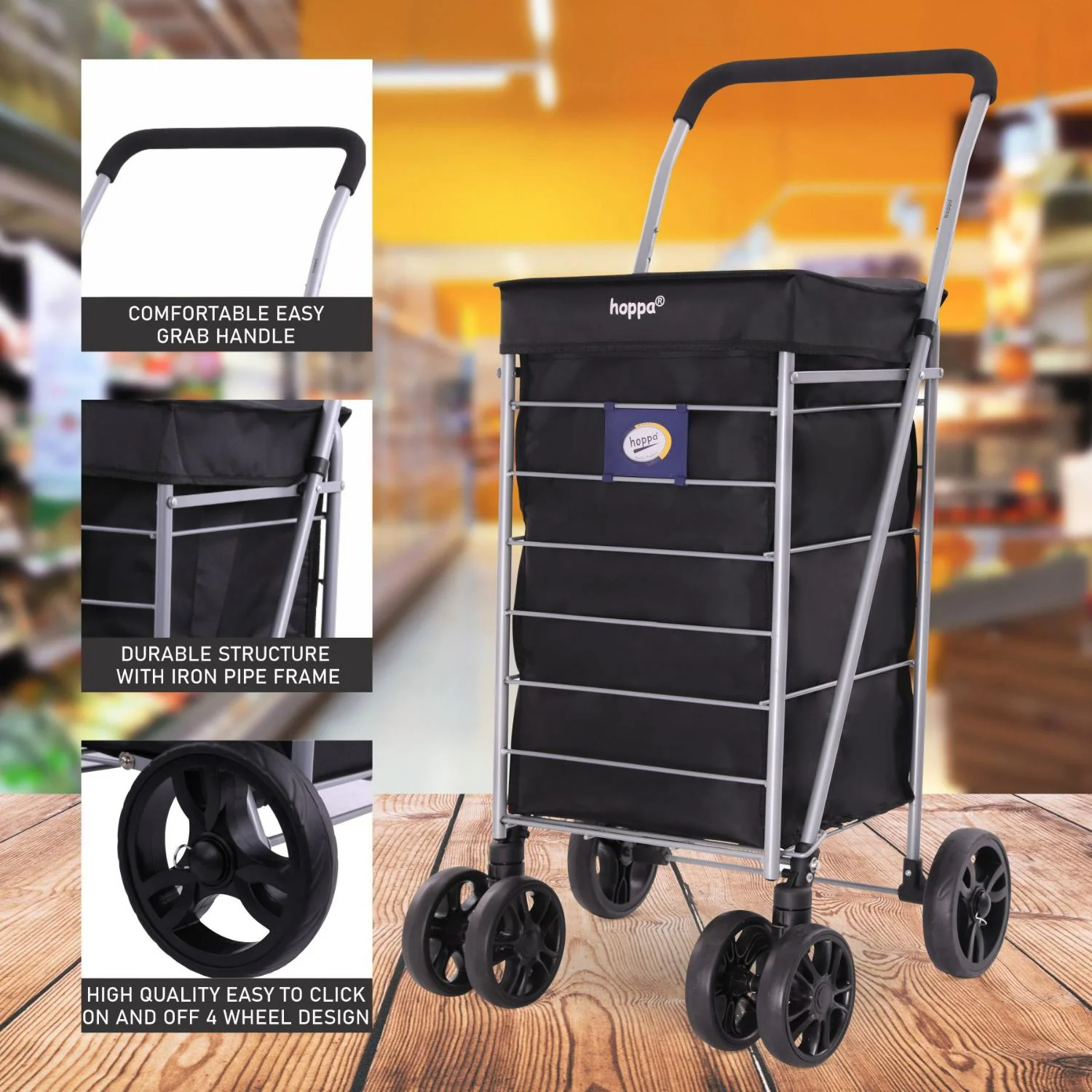 Hoppa Lightweight 6-Wheel Premium 2025 Model Folding Shopping Trolley Extra Large 75.6L Capacity Shopping Trolley Bag, 95cm, 5.25kg, Push/Pull (Black) - Image 3