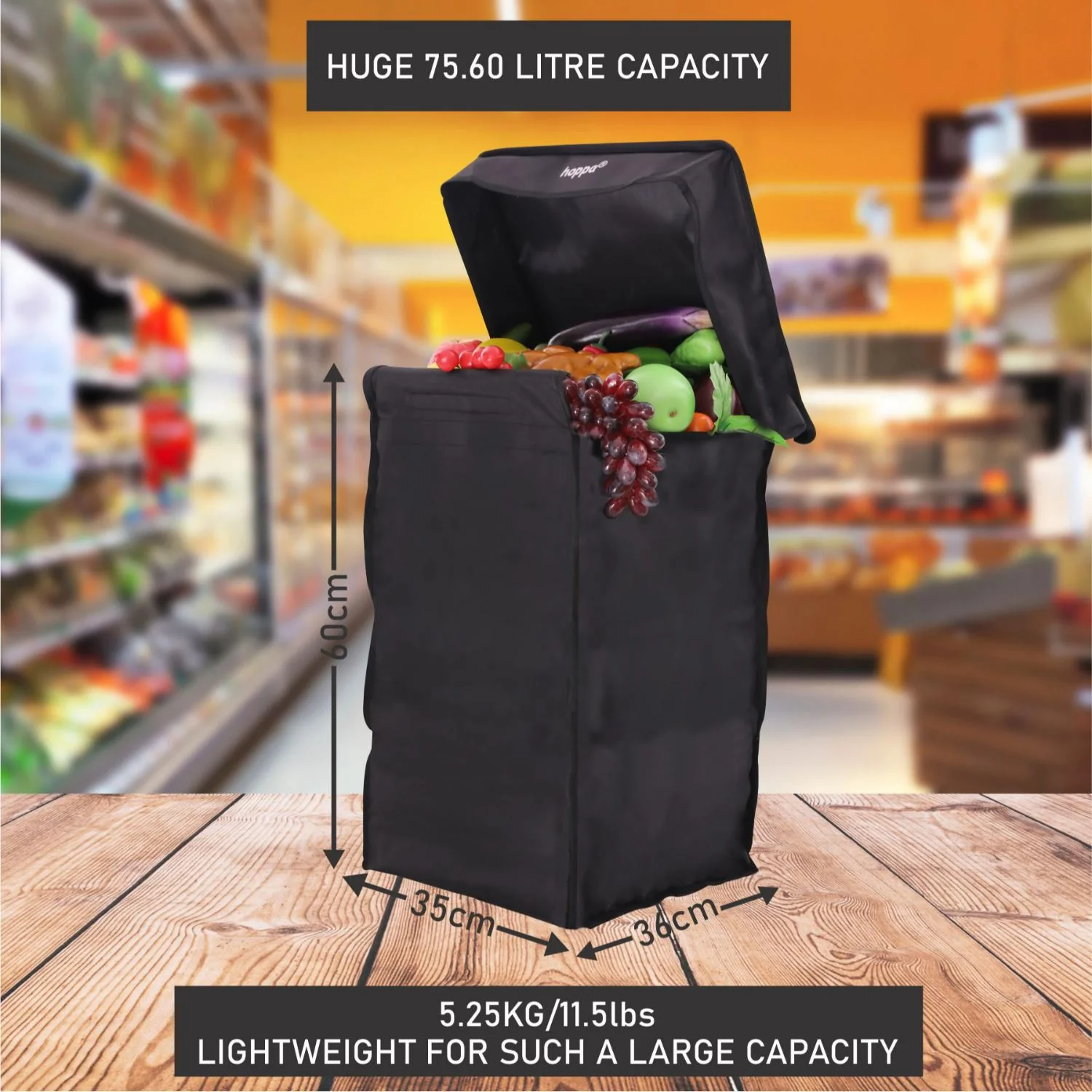 Hoppa Lightweight 6-Wheel Premium 2025 Model Folding Shopping Trolley Extra Large 75.6L Capacity Shopping Trolley Bag, 95cm, 5.25kg, Push/Pull (Black) - Image 5