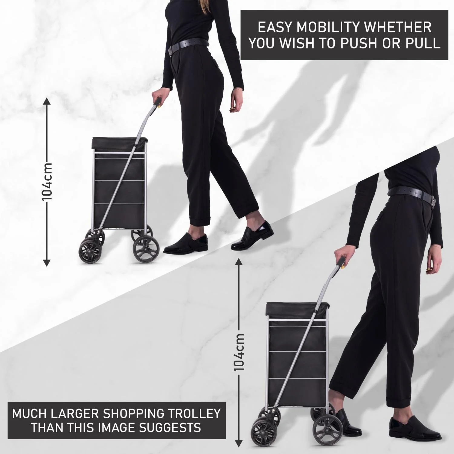 Hoppa Lightweight 6-Wheel Premium 2025 Model Folding Shopping Trolley Extra Large 75.6L Capacity Shopping Trolley Bag, 95cm, 5.25kg, Push/Pull (Black) - Image 6