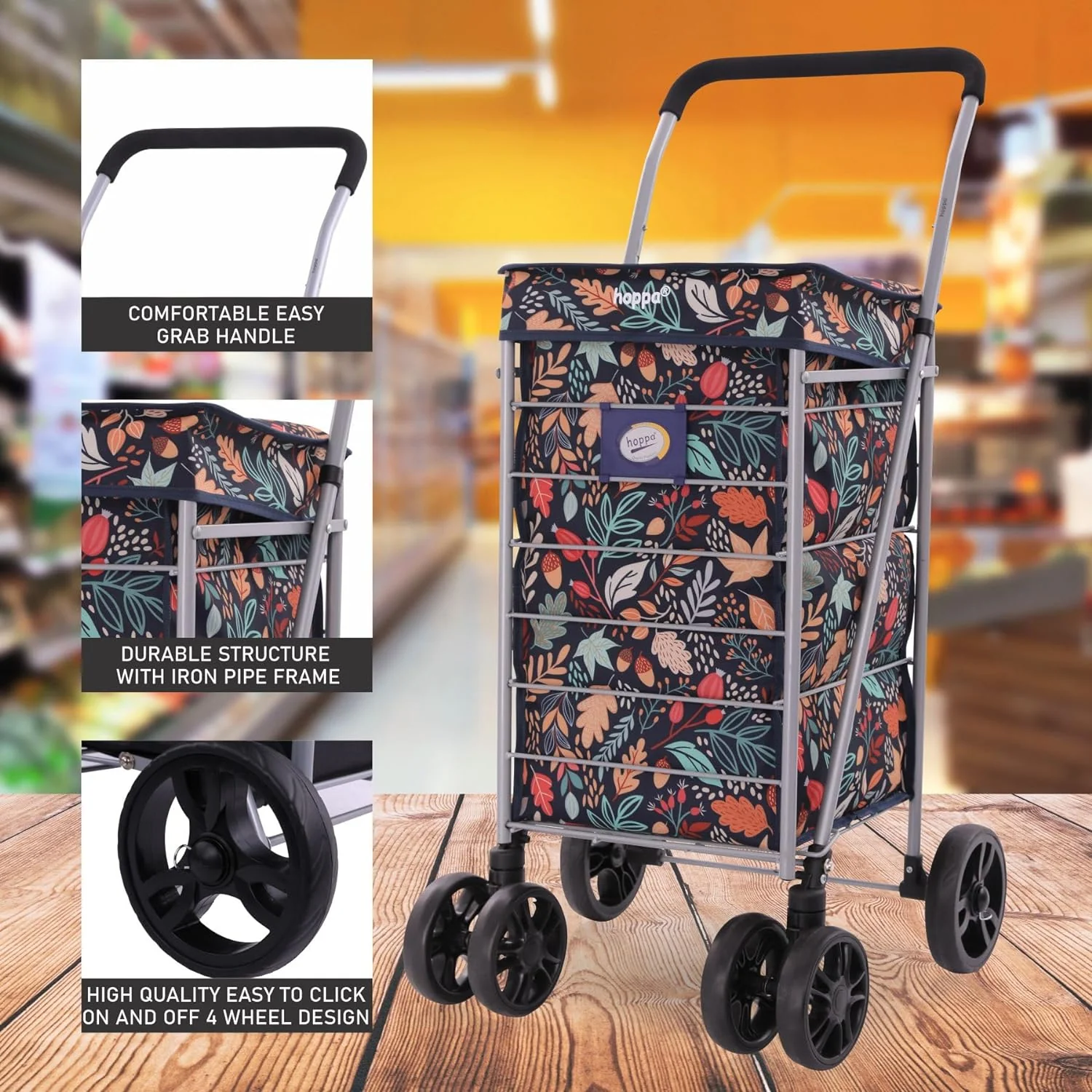 Hoppa Lightweight 6-Wheel Premium 2025 Model Folding Shopping Trolley Extra Large 75.6L Capacity Shopping Trolley Bag, 95cm, 5.25kg, Push/Pull (Black) - Image 8