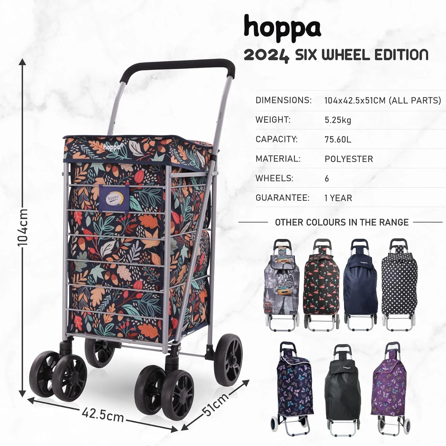 Hoppa Lightweight 6-Wheel Premium 2025 Model Folding Shopping Trolley Extra Large 75.6L Capacity Shopping Trolley Bag, 95cm, 5.25kg, Push/Pull (Black) - Image 9